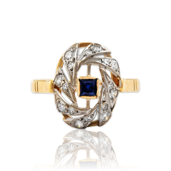 Vintage 18k Yellow & White Gold Blue Sapphire Diamond Oval Wreath Ring 7.25