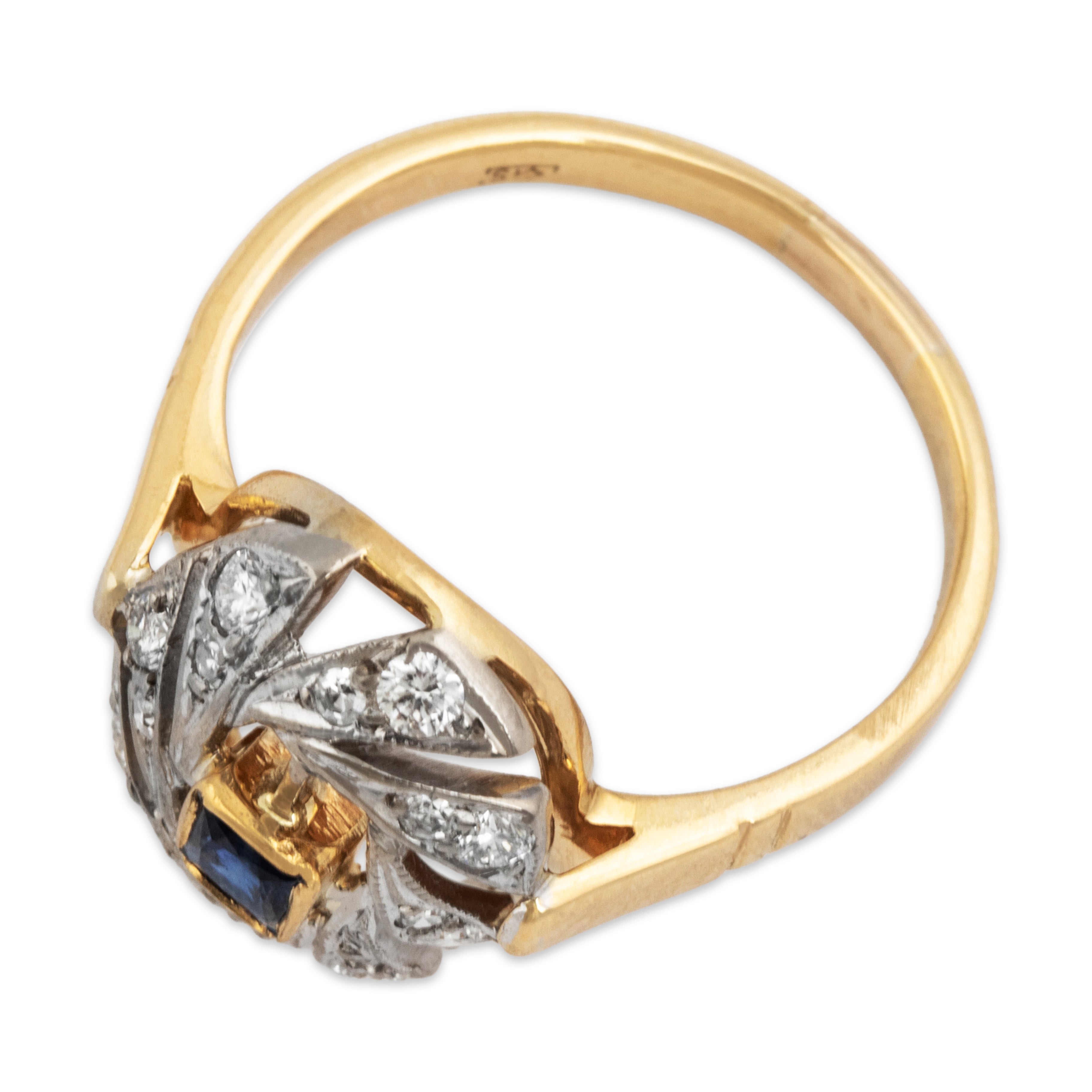 Vintage 18k Yellow & White Gold Sapphire Diamond Swishing Oval Wreath Ring - Overall view