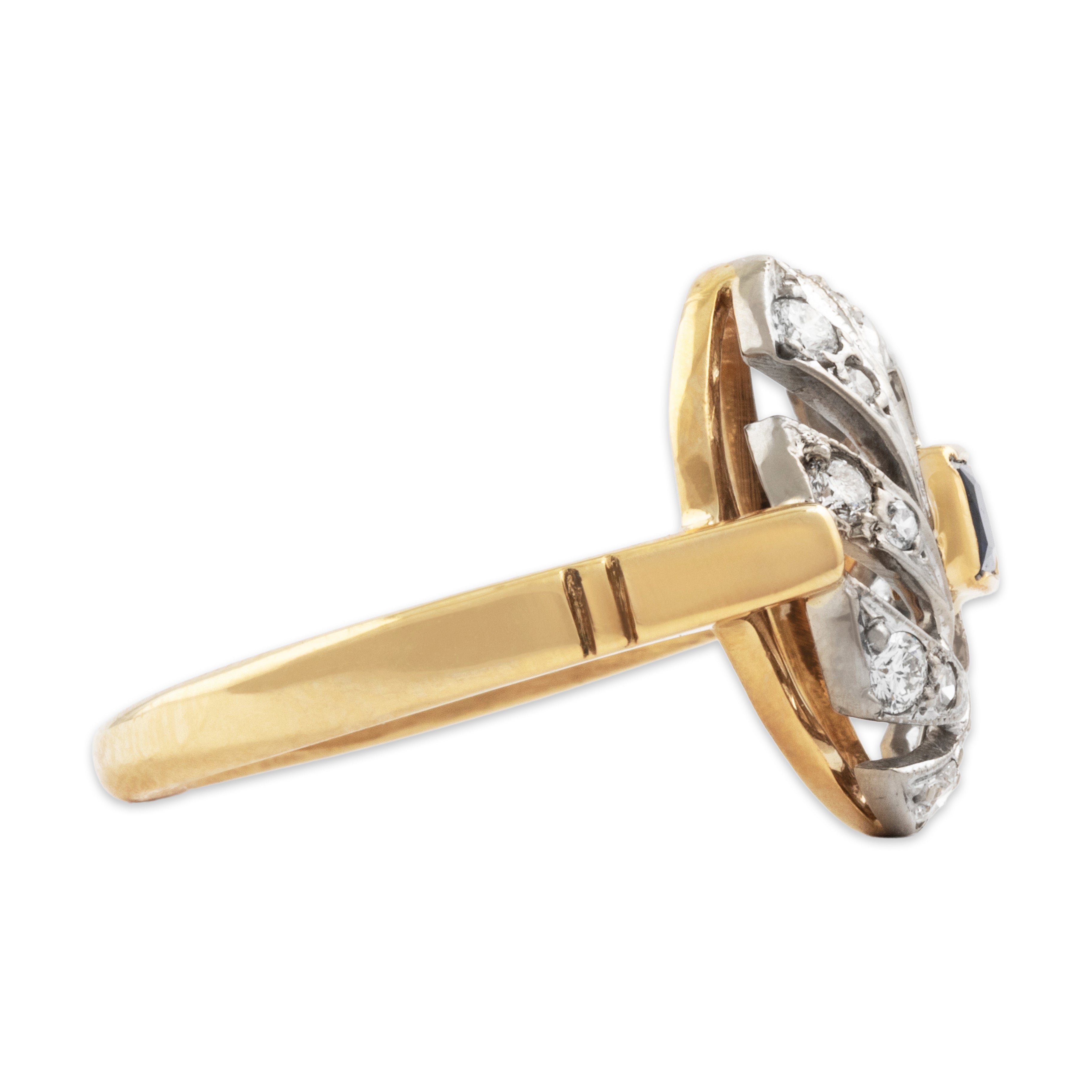 Vintage 18k Yellow & White Gold Sapphire Diamond Swishing Oval Wreath Ring - Side view