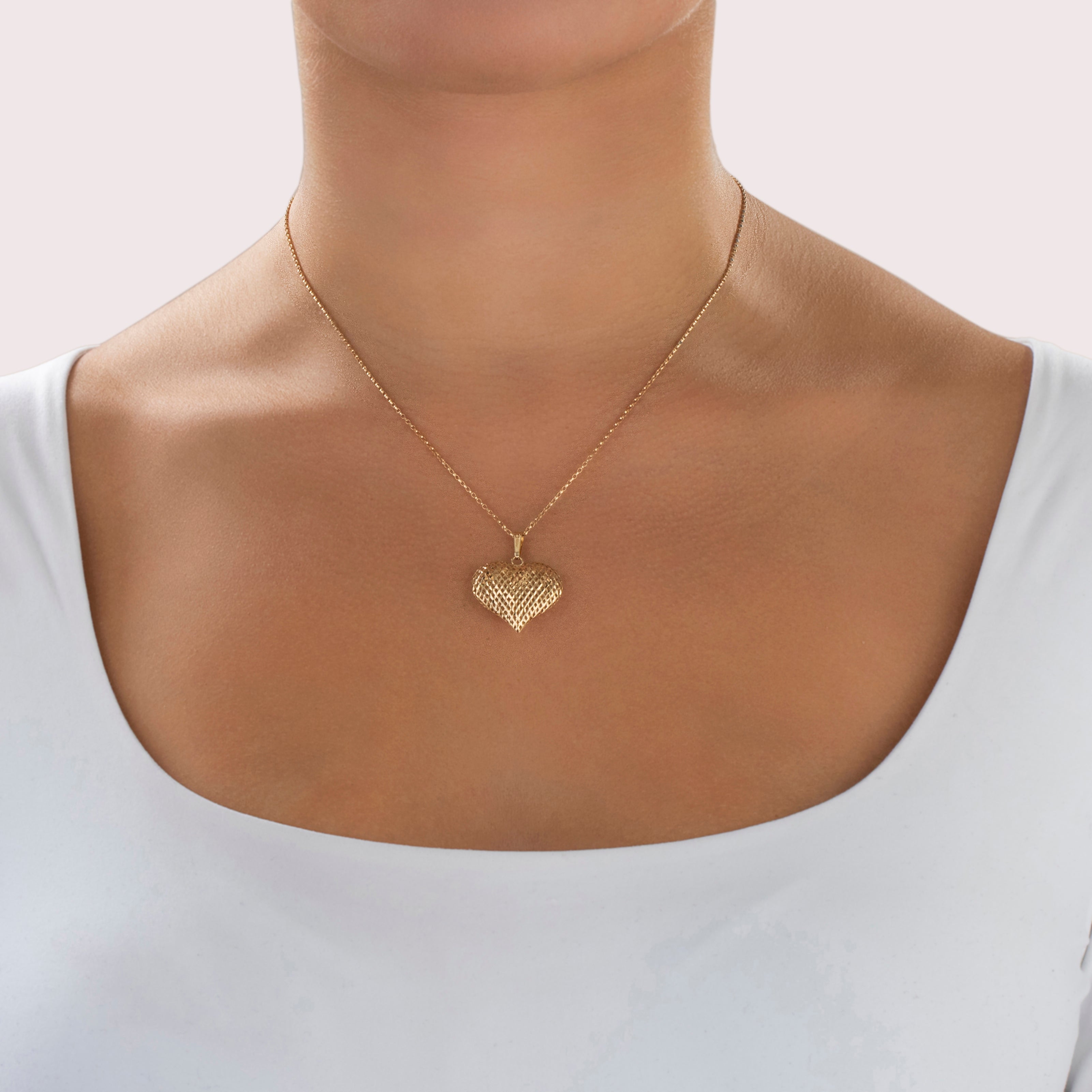 Vintage Large Lightweight 14k Yellow Gold Lattice Heart Pendant - On model view