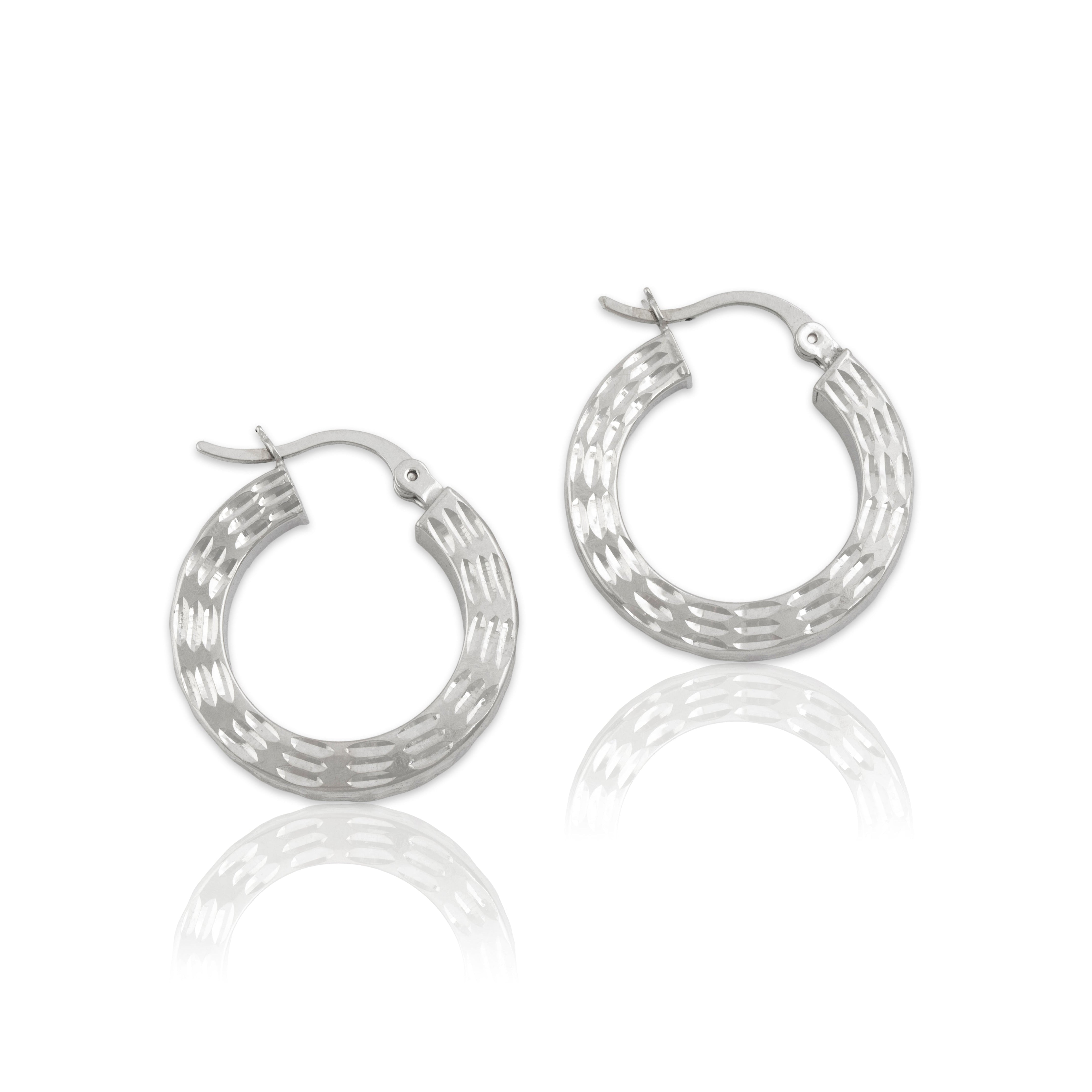 Vintage 14k White Gold Sleek Incised Texture Hoop Earrings - Close-up view