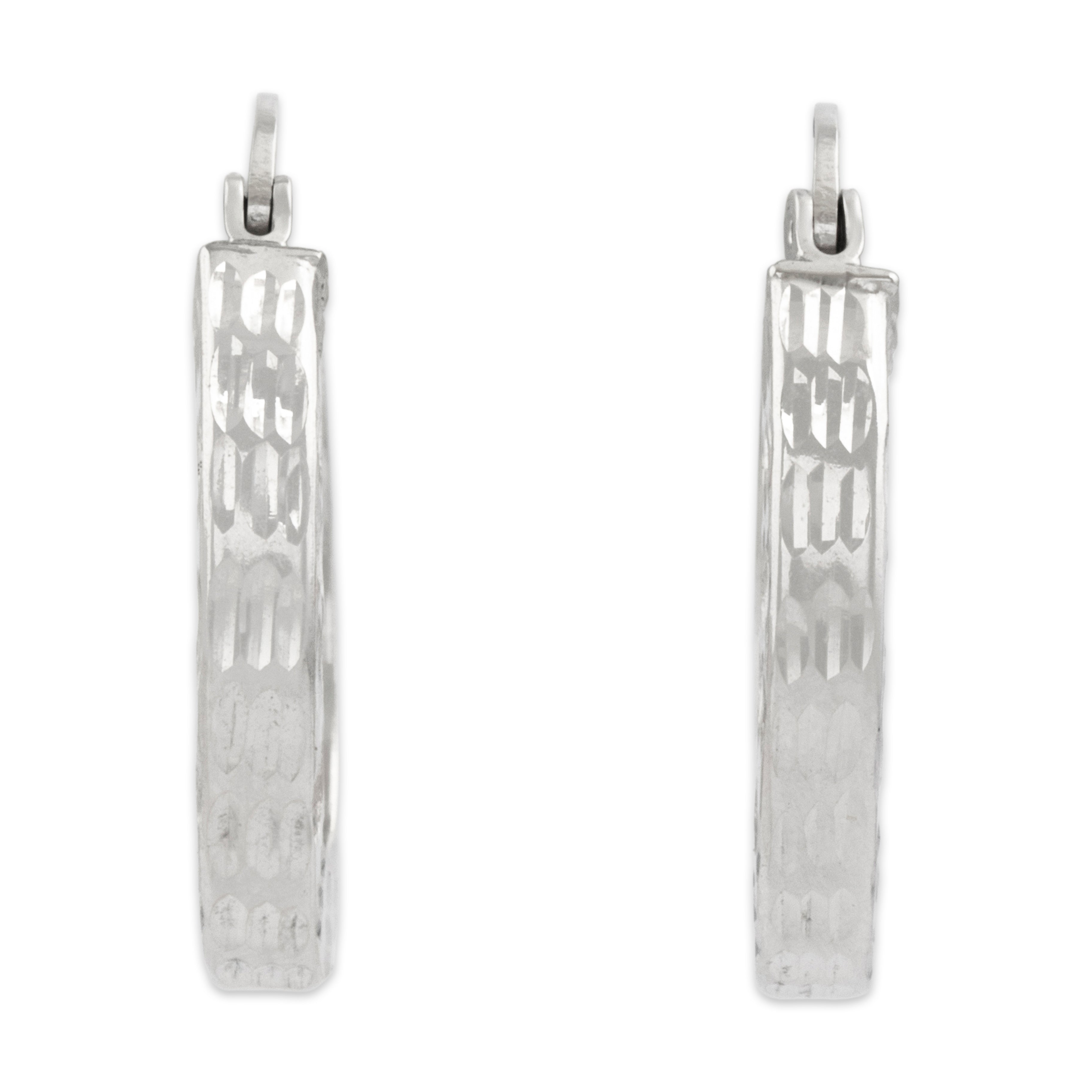 Vintage 14k White Gold Sleek Incised Texture Hoop Earrings - Side view