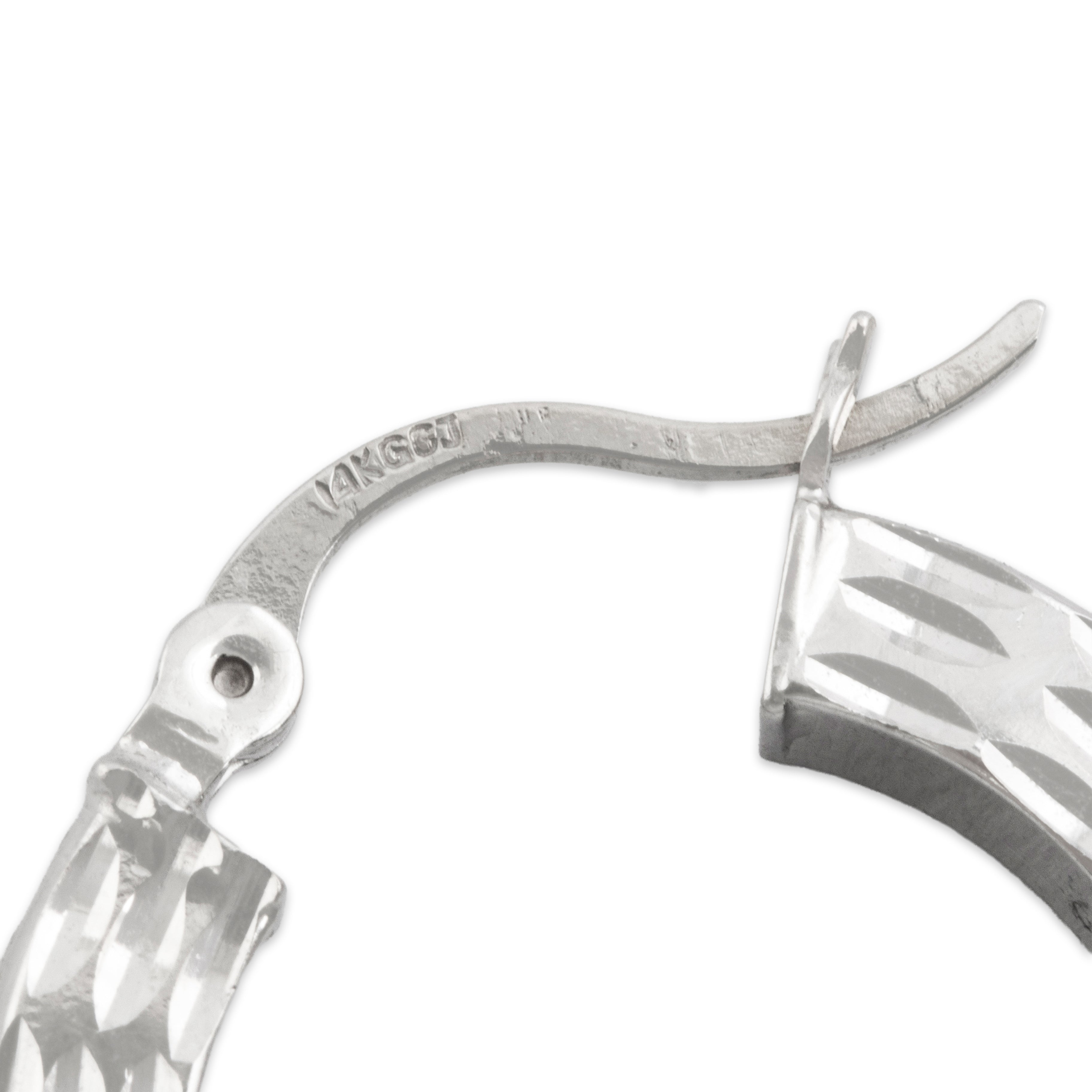 Vintage 14k White Gold Sleek Incised Texture Hoop Earrings - Hallmark view