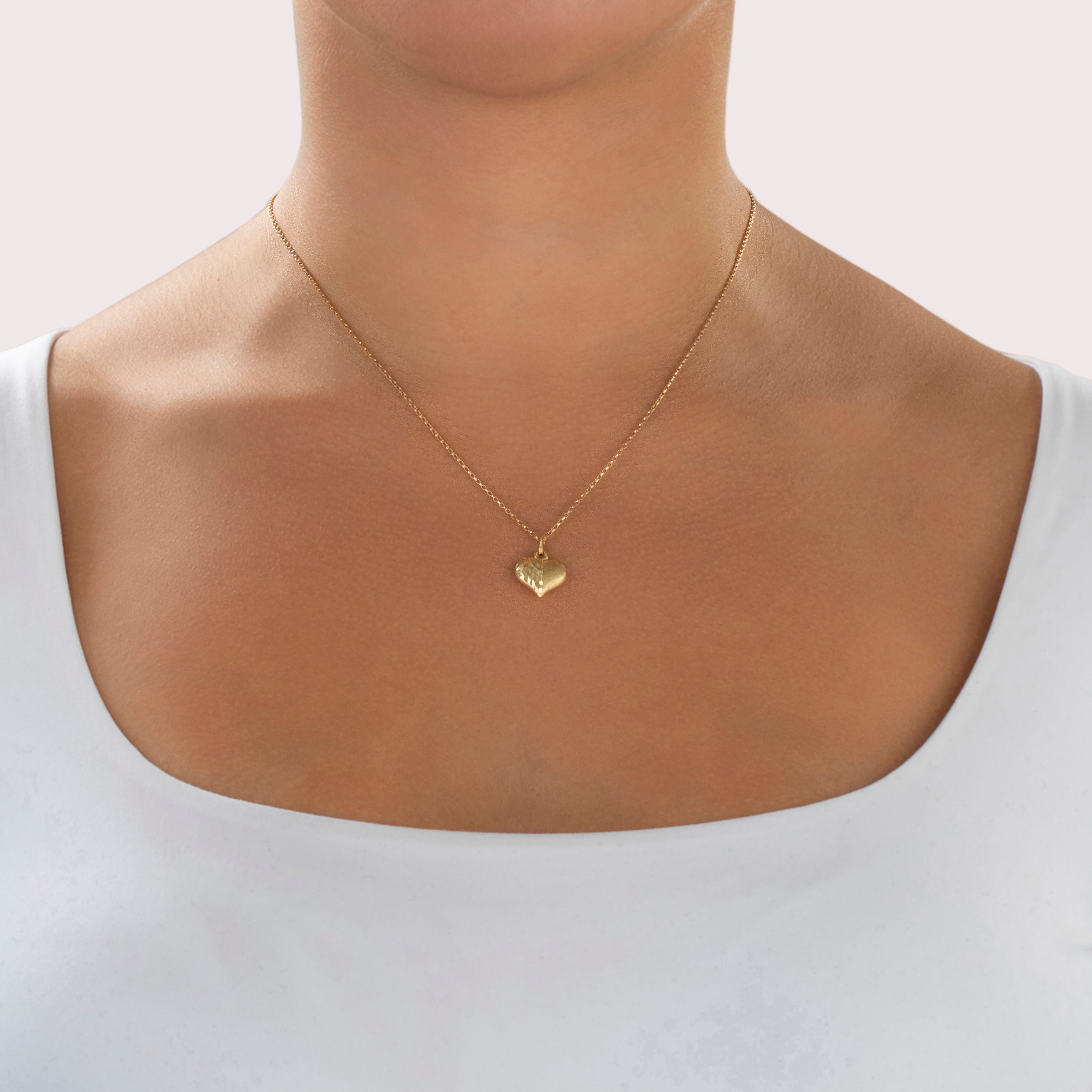 Vintage Lightweight 14k Yellow Gold Split Texture Heart Charm / Pendant - On model view