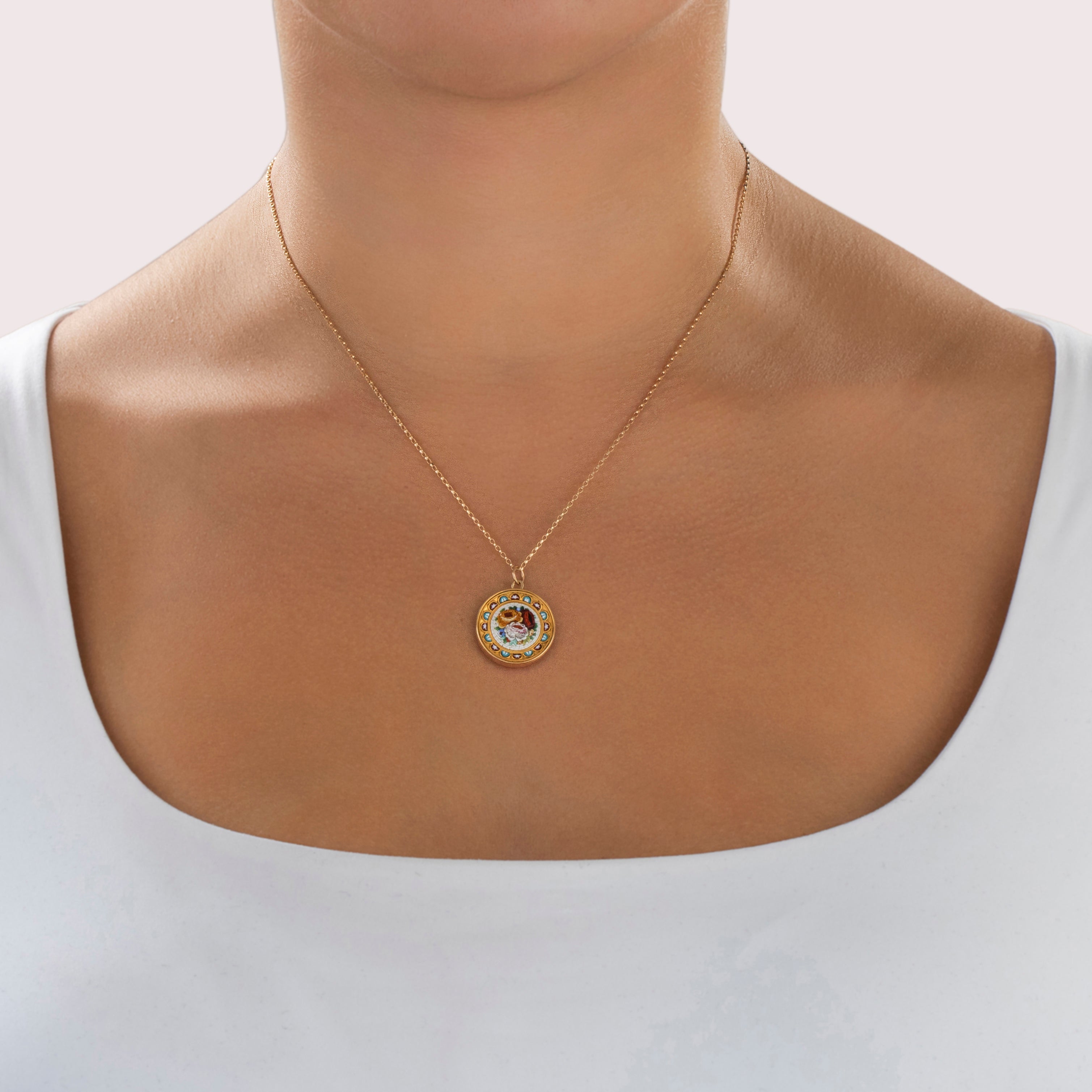 Antique Rare 14k & 18k Yellow Gold Incredible Floral Micromosaic Pendant - On model view