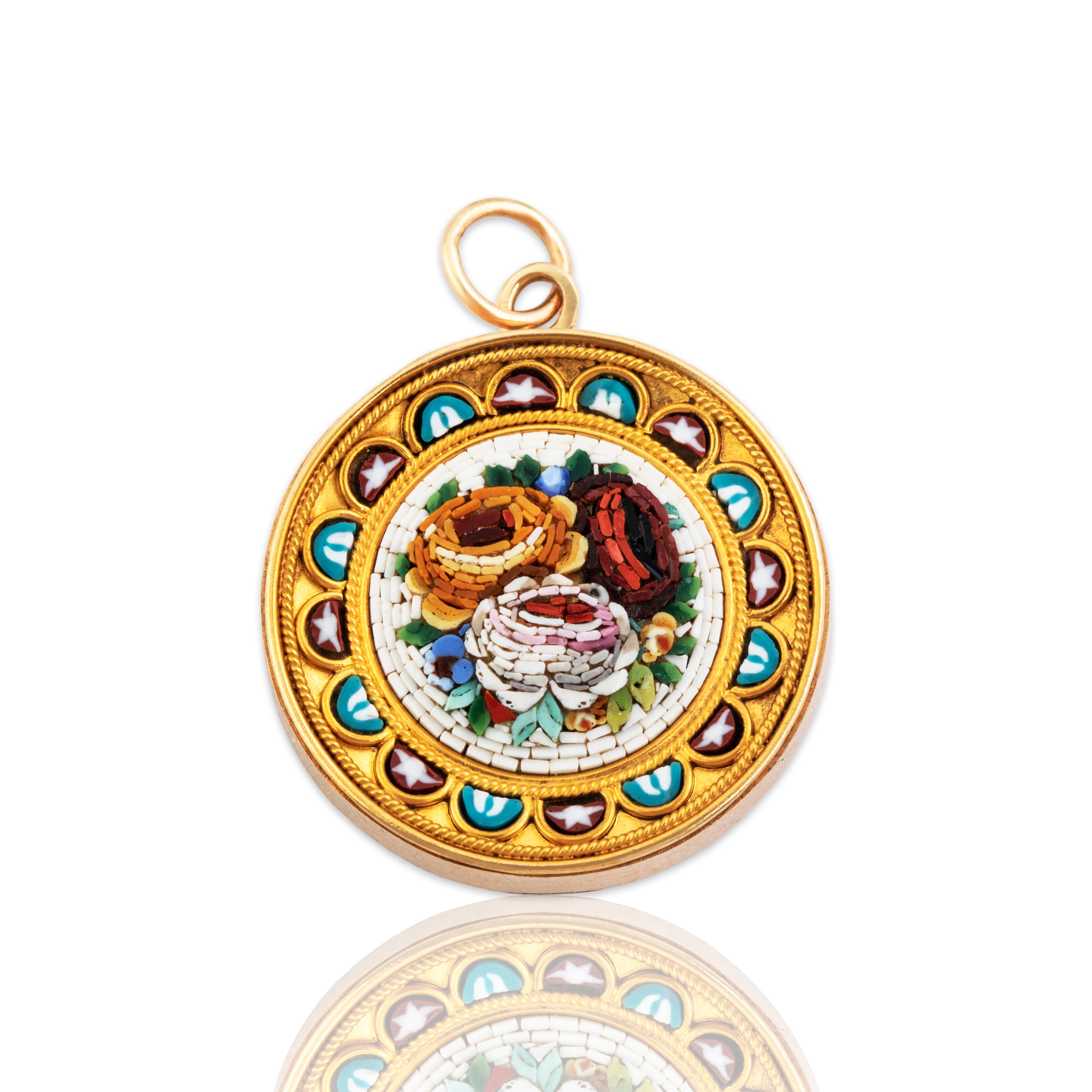 Antique Rare 14k & 18k Yellow Gold Incredible Floral Micromosaic Pendant - Close-up view