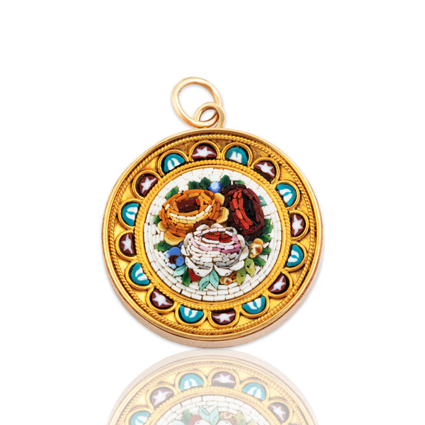 Antique Rare 14k & 18k Yellow Gold Incredible Floral Micromosaic Pendant
