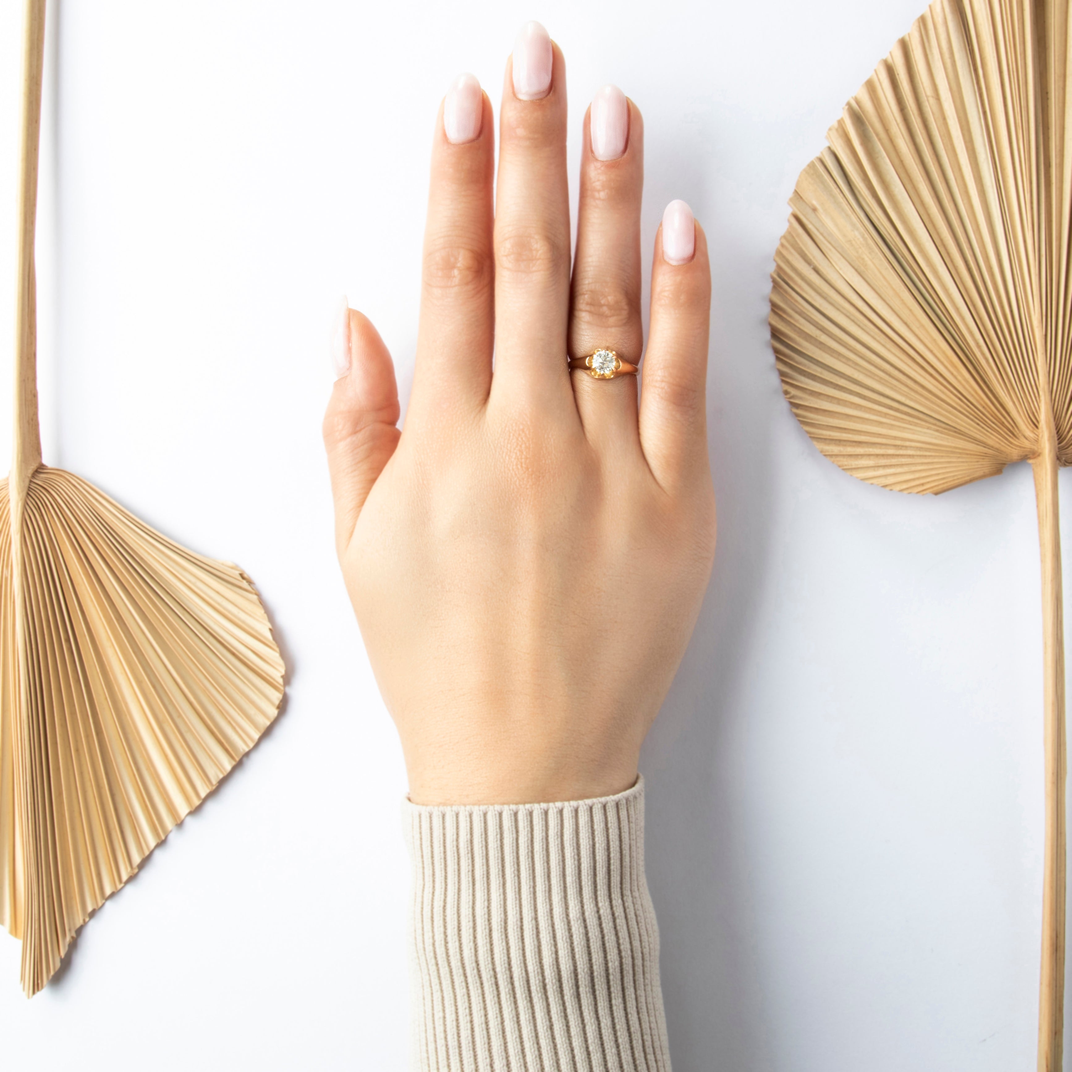 Antique 14k Yellow Gold .7ct Old European Diamond Beautiful Belcher-Set Ring - On model view