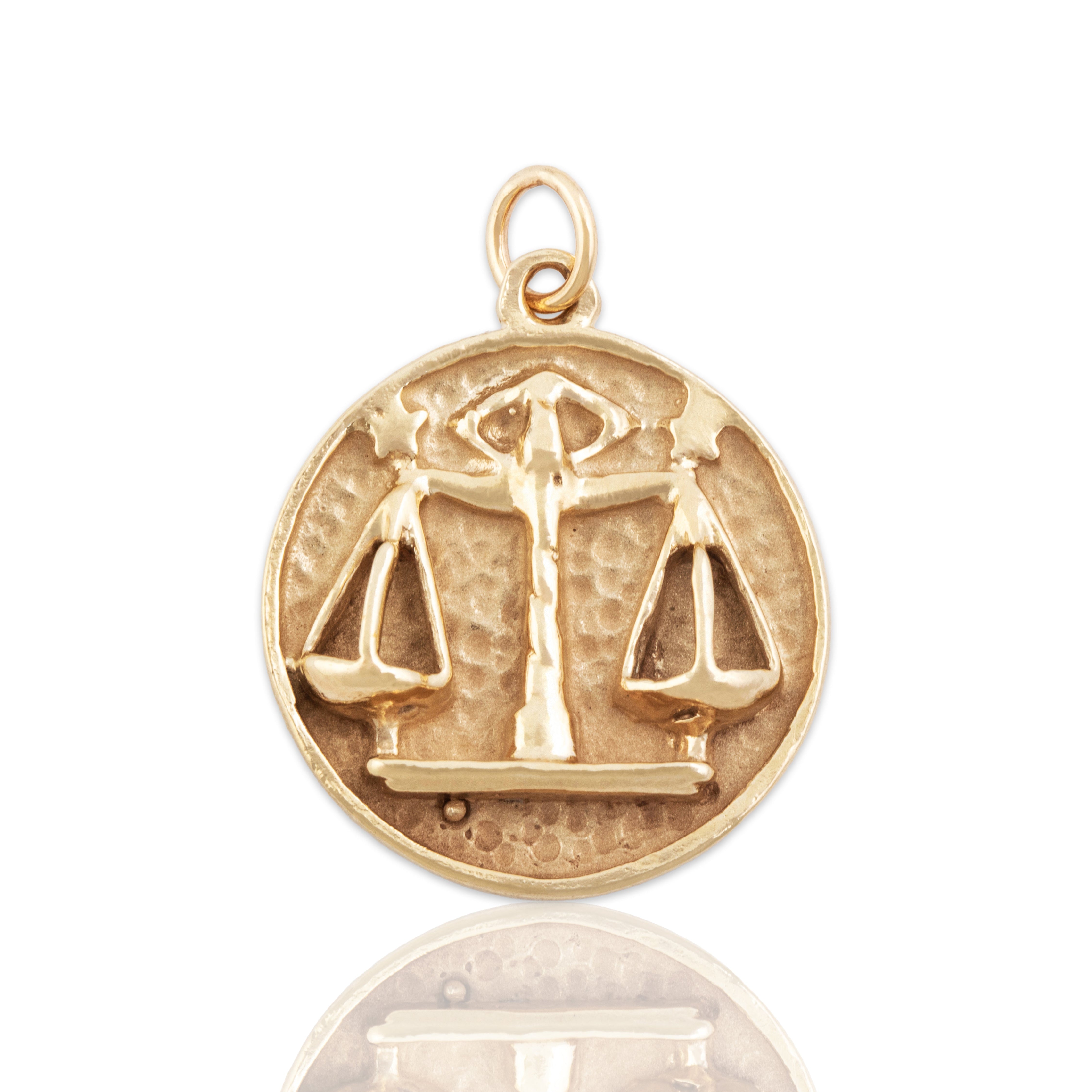Vintage Heavy 14k Yellow Gold Textured Libra Medallion Charm / Pendant - Close-up view