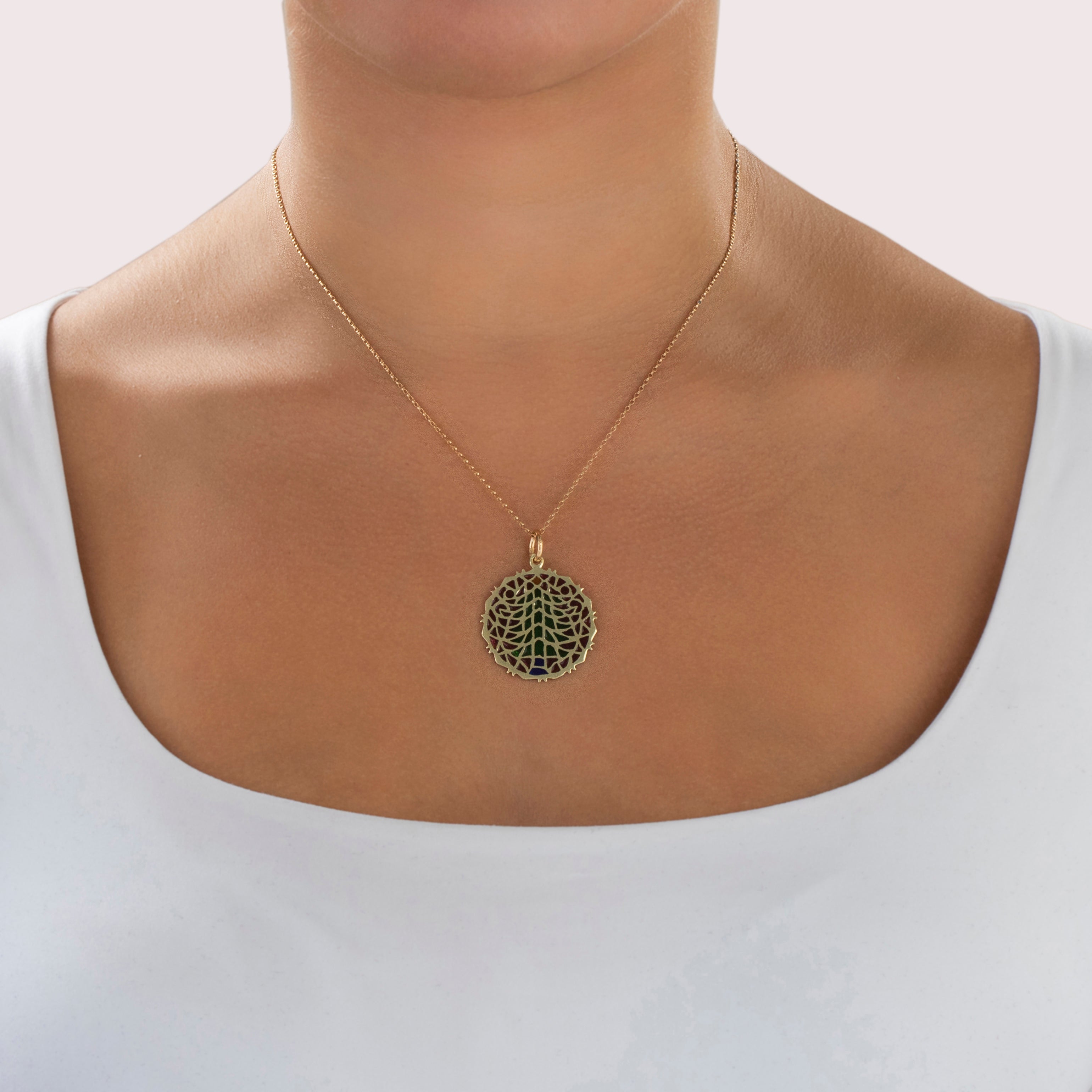Vintage Large 14k Yellow Gold Amazing Plique-à-Jour Christmas Tree Pendant - On model view