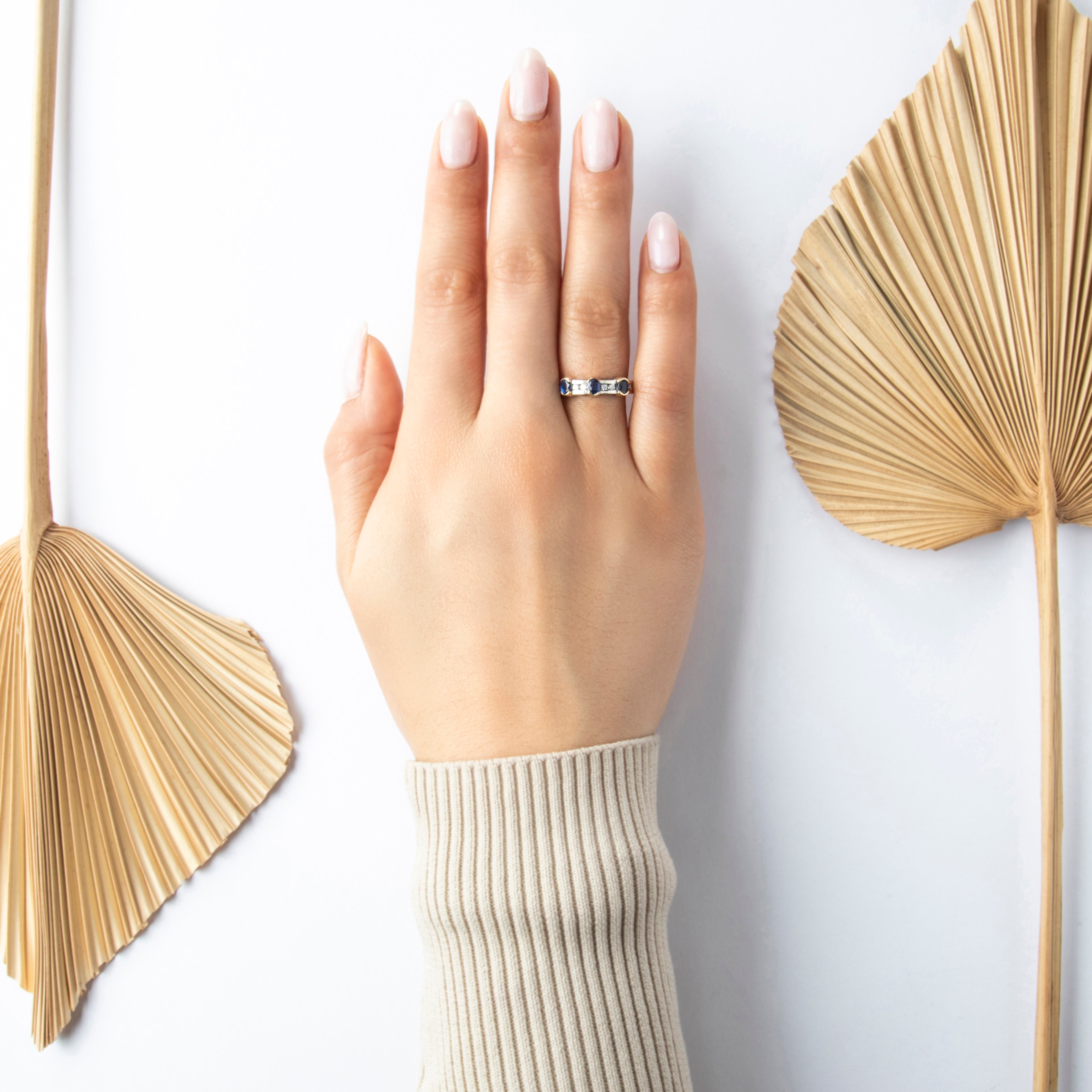 Vintage 14k White & Yellow Gold Sapphire Diamond Elegant Channel Set Ring - On model view