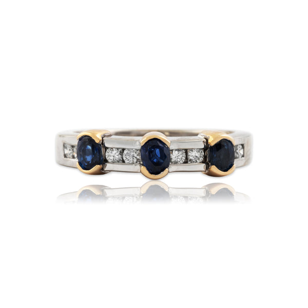 Vintage 14k White & Yellow Gold Blue Sapphire Diamond Elegant Channel Ring 7.50