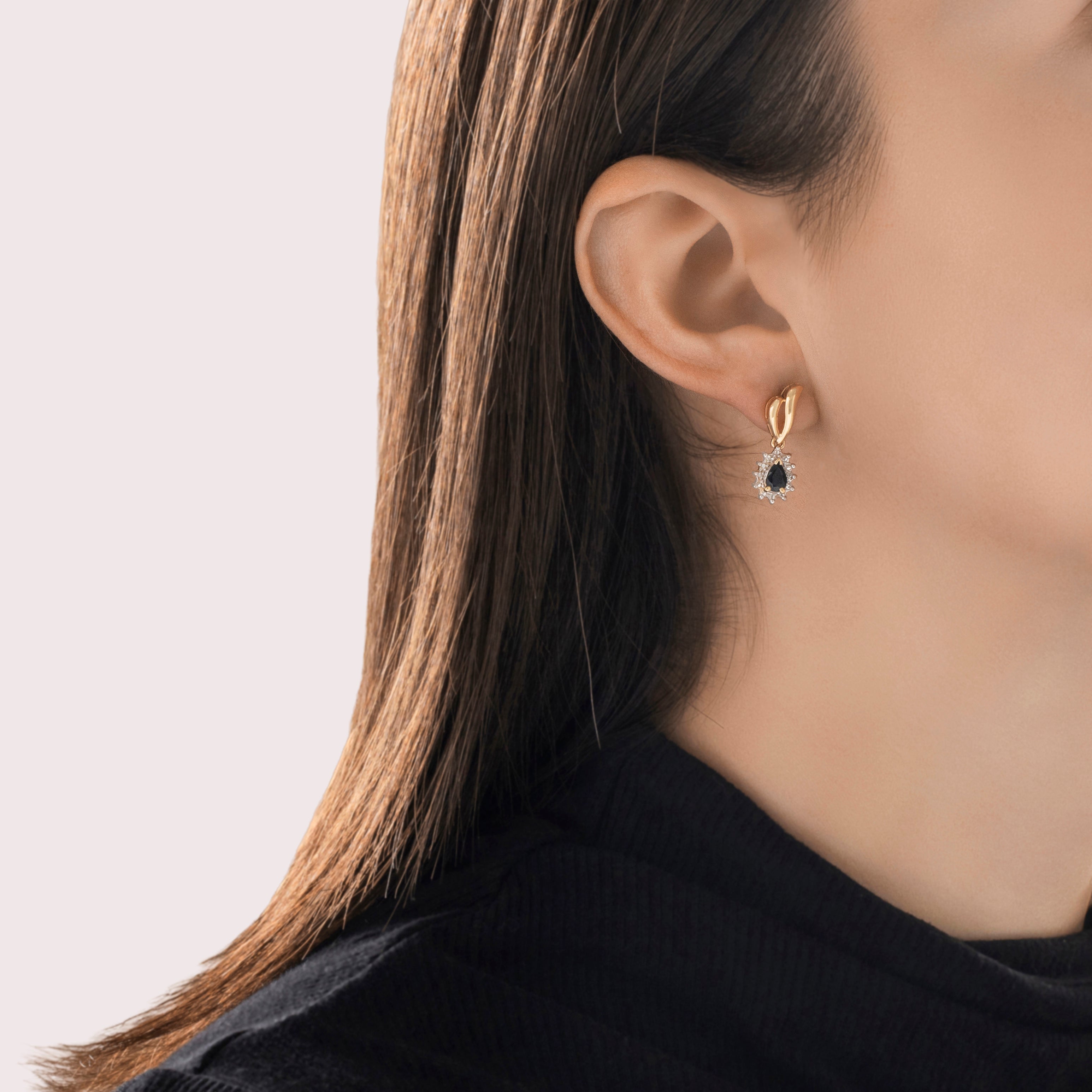 Vintage 14k Yellow & White Gold Sapphire Diamond Haloed Teardrop Dangle Earrings - On model view