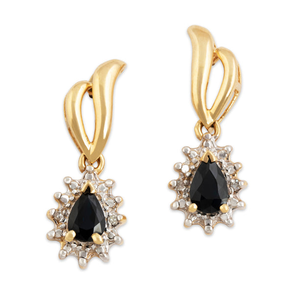 Vintage 14k Yellow & White Gold Dark Blue Sapphire Diamond Halo Dangle Earrings