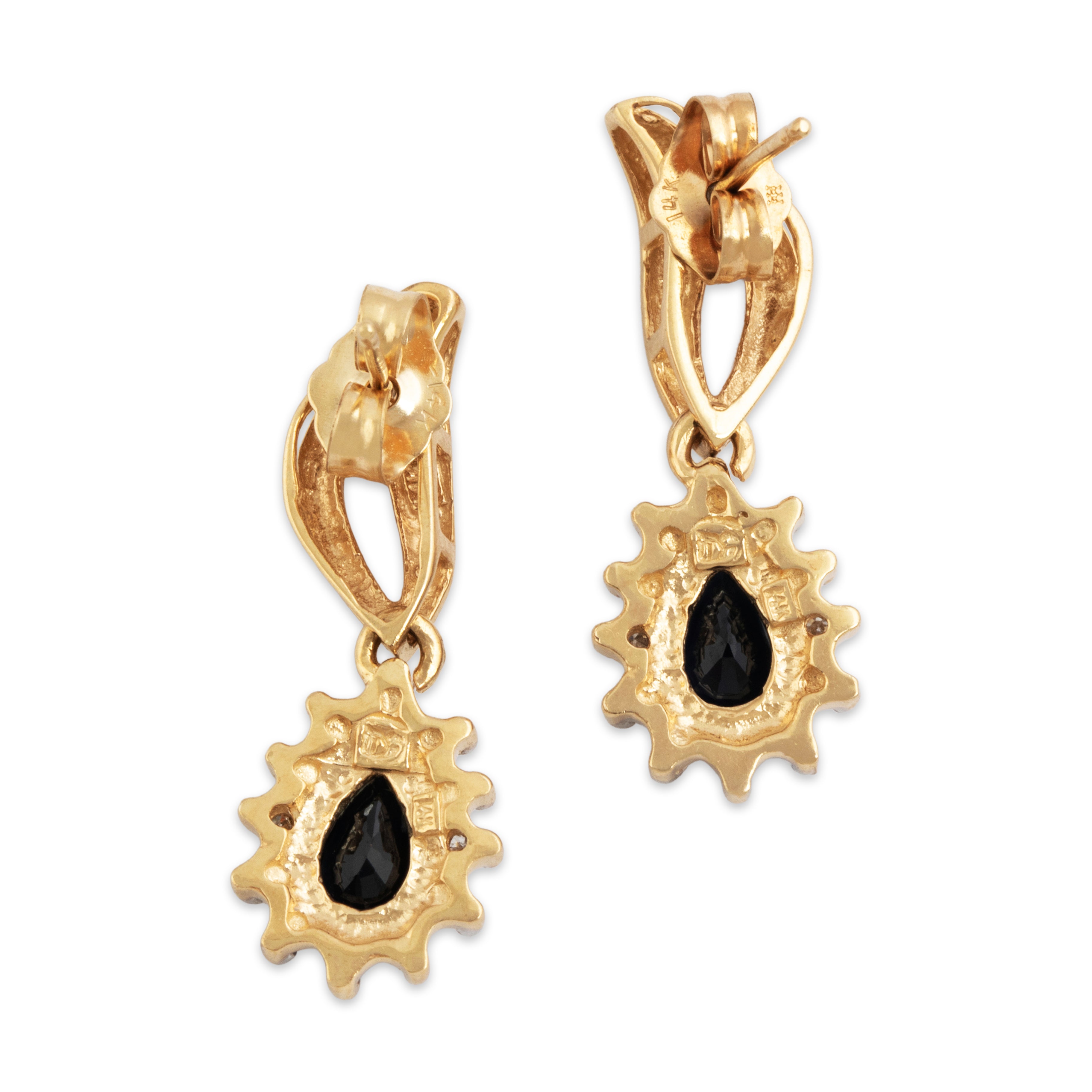 Vintage 14k Yellow & White Gold Sapphire Diamond Haloed Teardrop Dangle Earrings - Back view