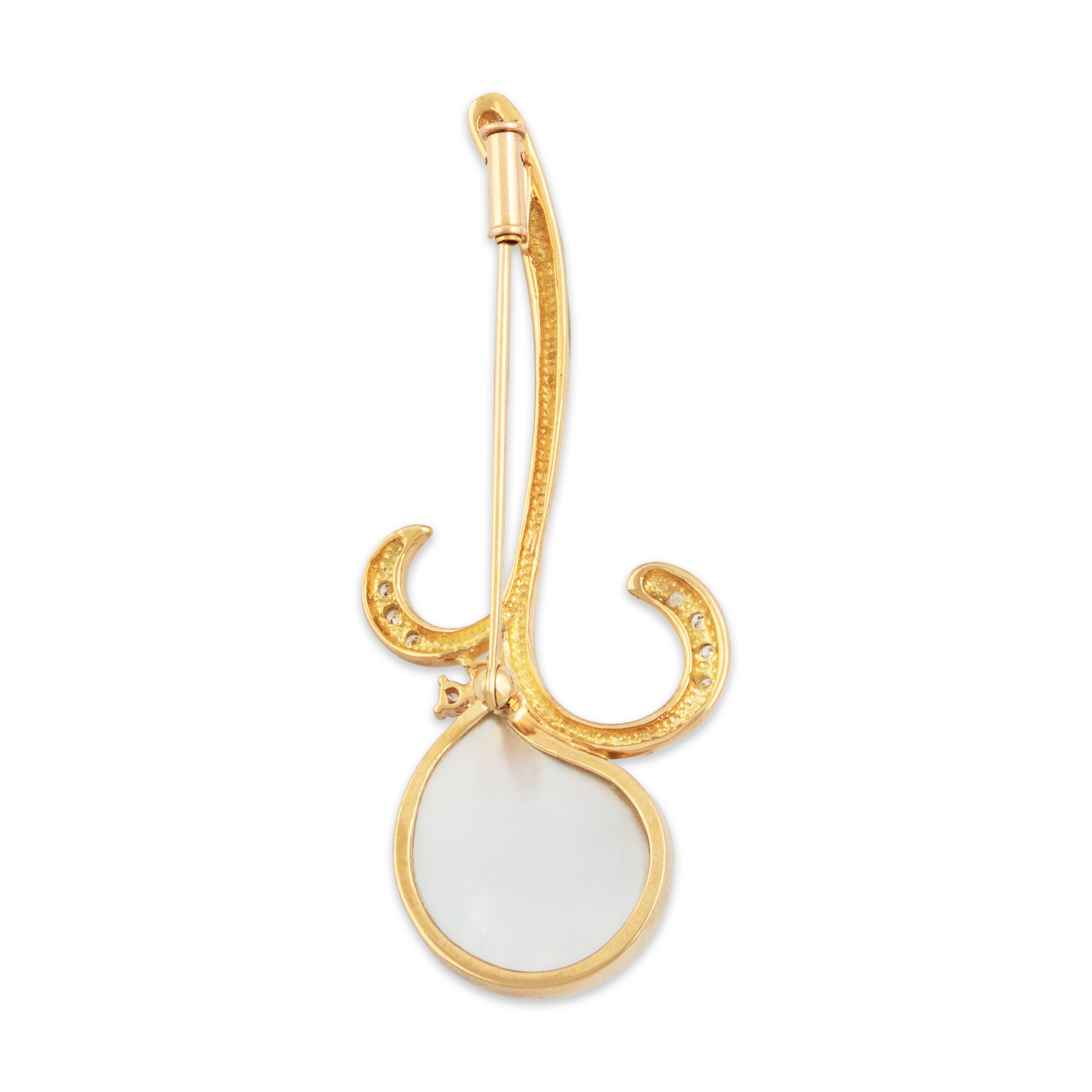 Vintage Large 18k Yellow Gold Mabé Pearl Diamond Statement Brooch / Pin - Back view
