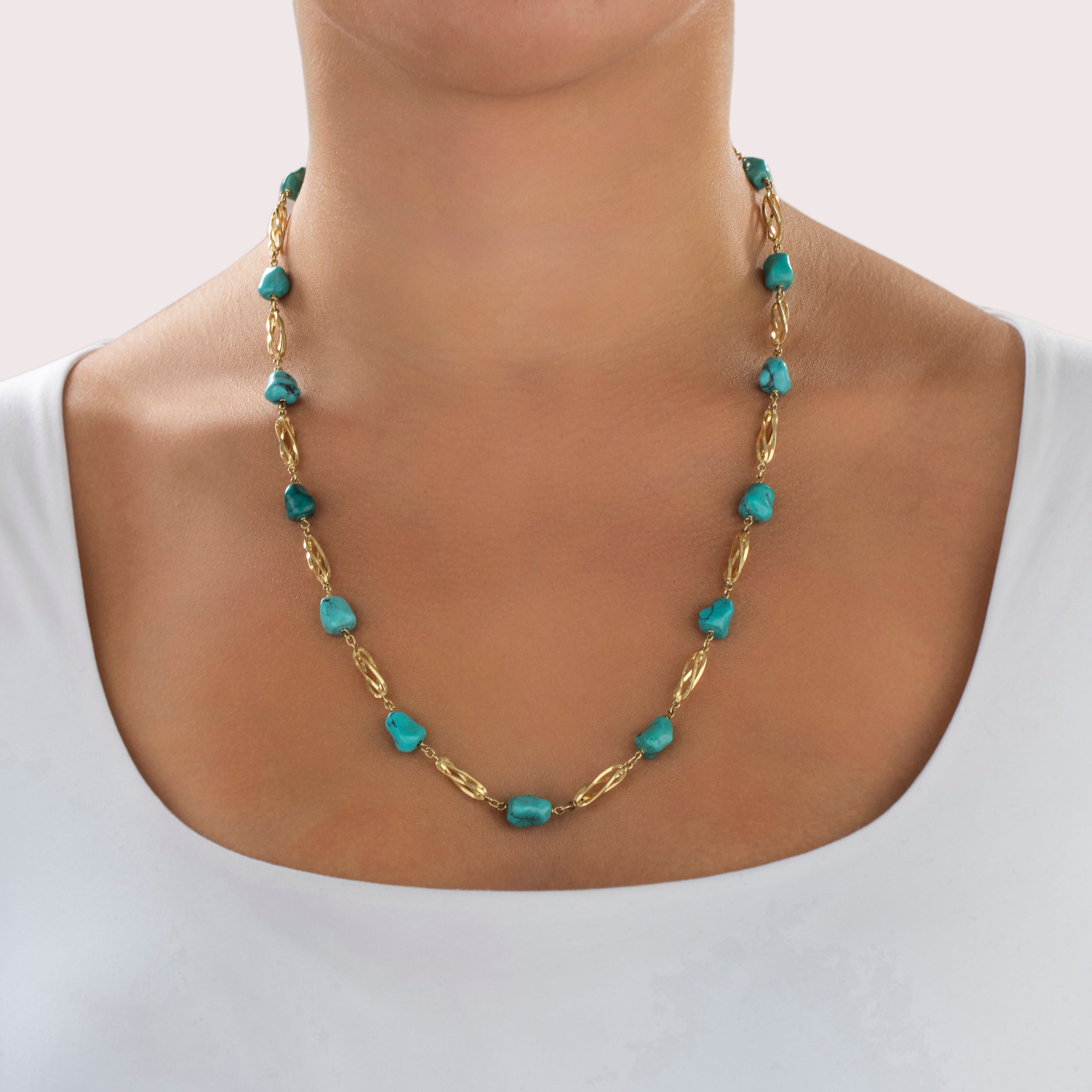 Vintage 14k Yellow Gold 58cttw Turquoise Groovy Nugget Station Necklace - On model view