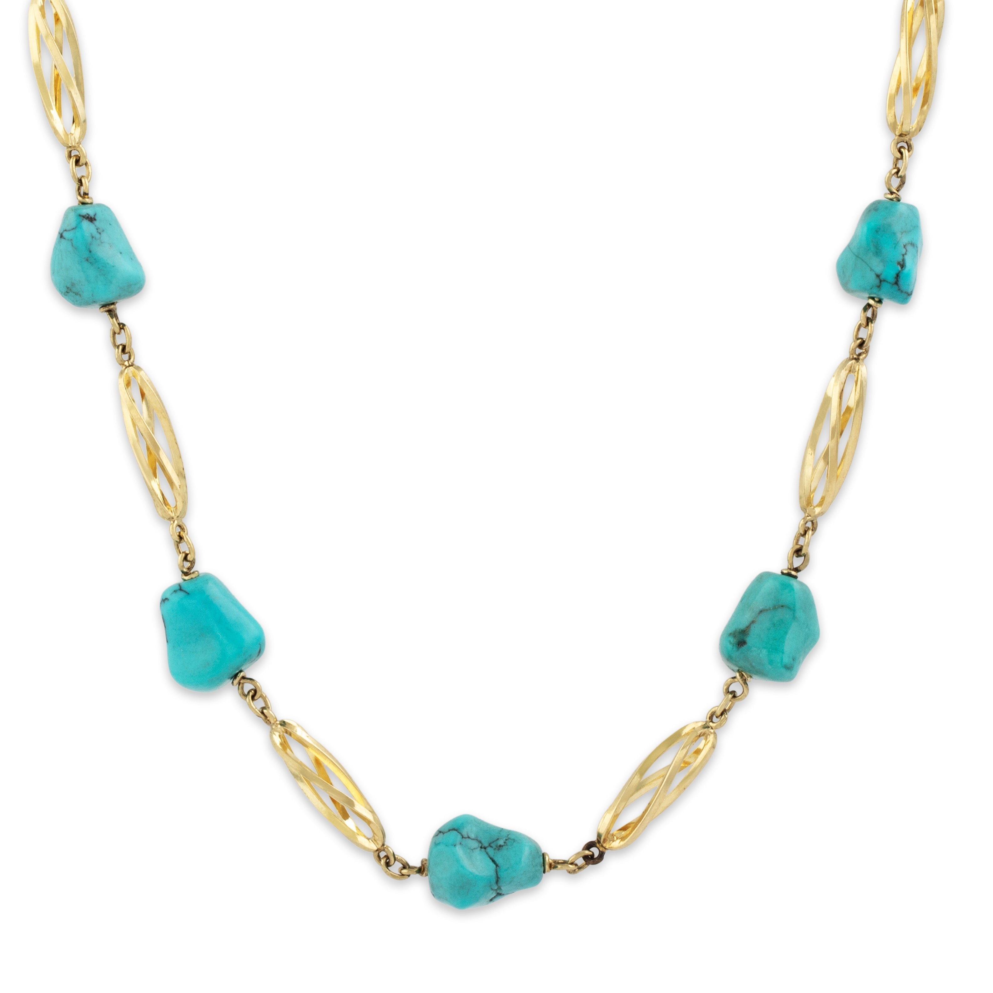Vintage 14k Yellow Gold 58cttw Turquoise Groovy Nugget Station Necklace - detail view #1