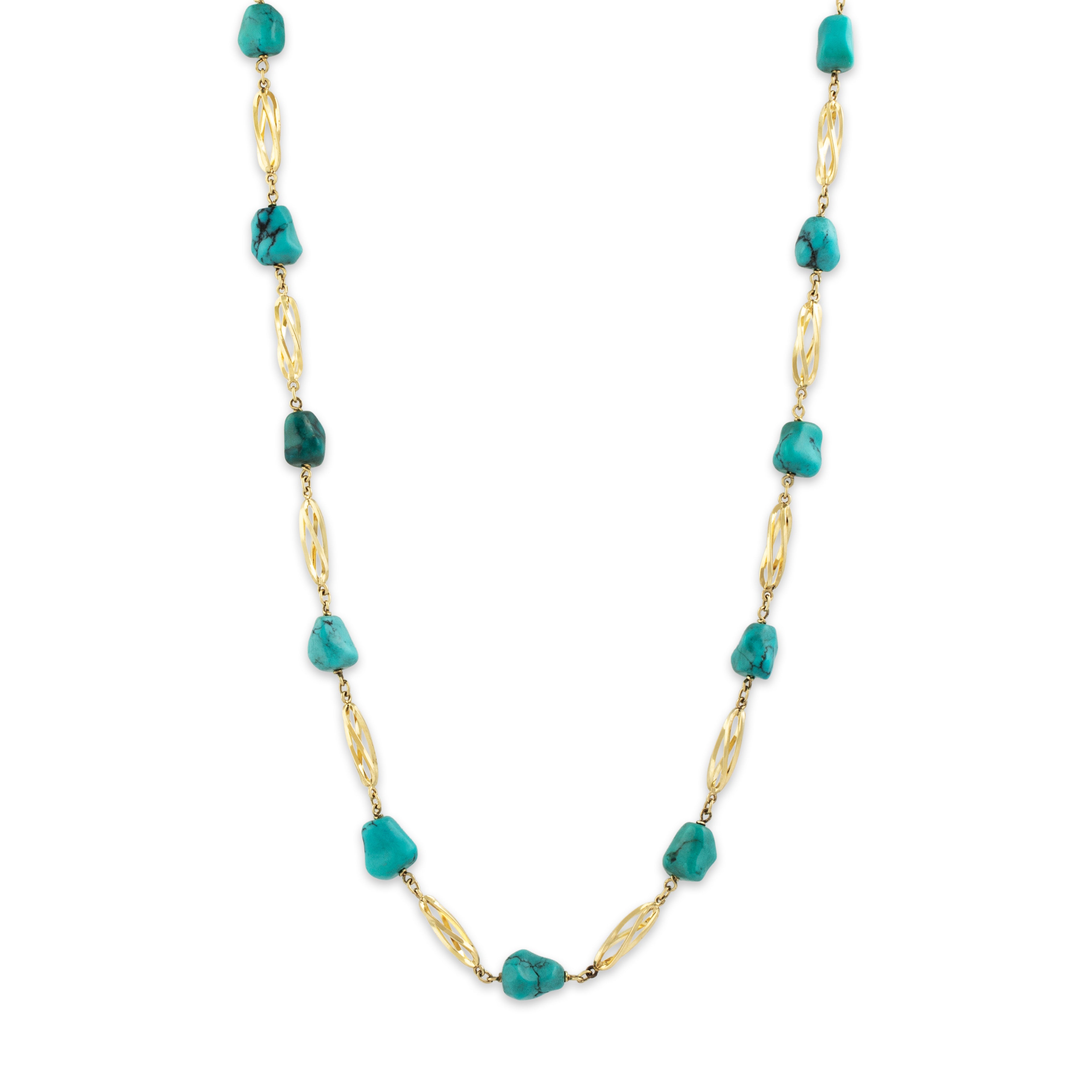 Vintage 14k Yellow Gold 58cttw Turquoise Groovy Nugget Station Necklace - Close-up view