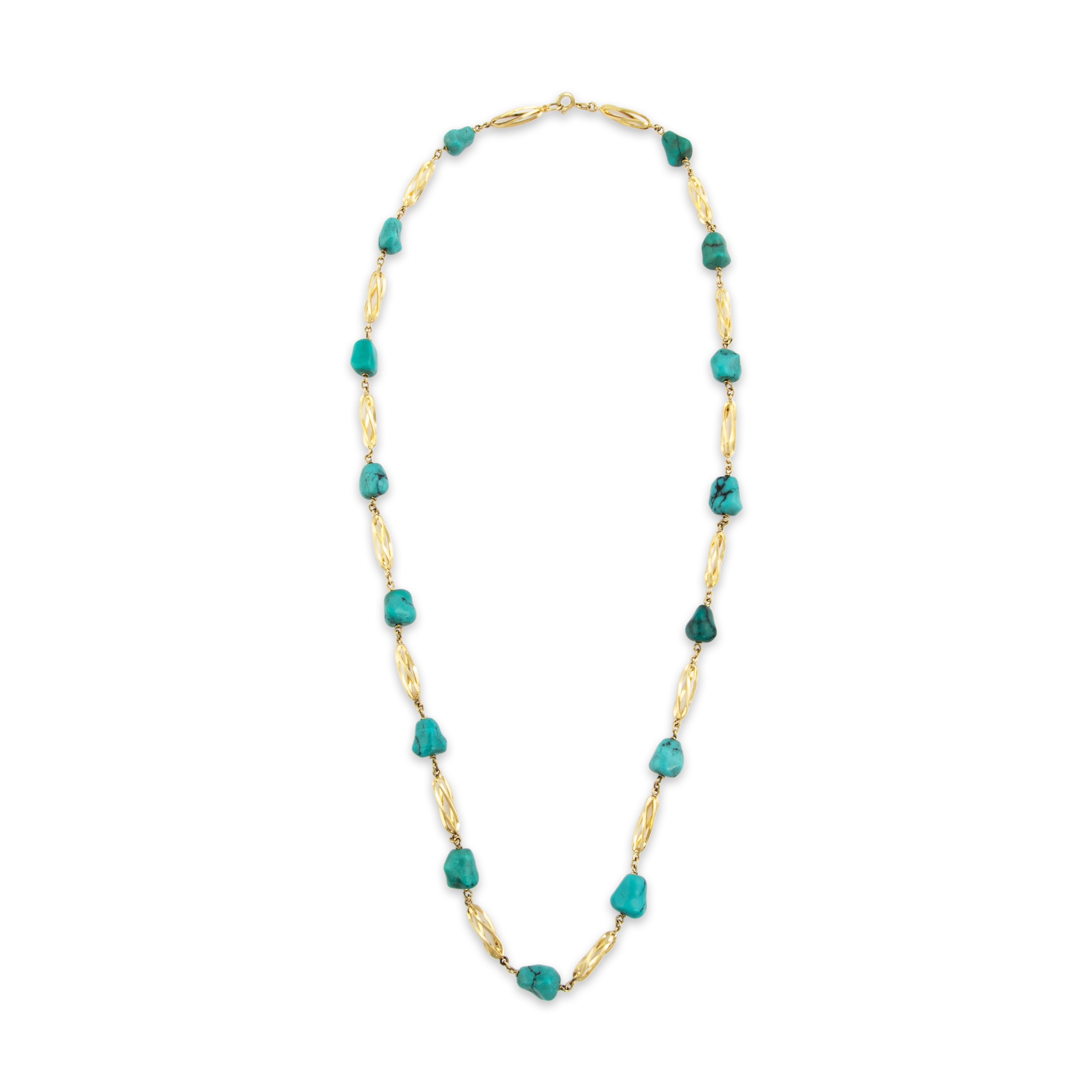 Vintage 14k Yellow Gold 58cttw Turquoise Groovy Nugget Station Necklace - Overall view