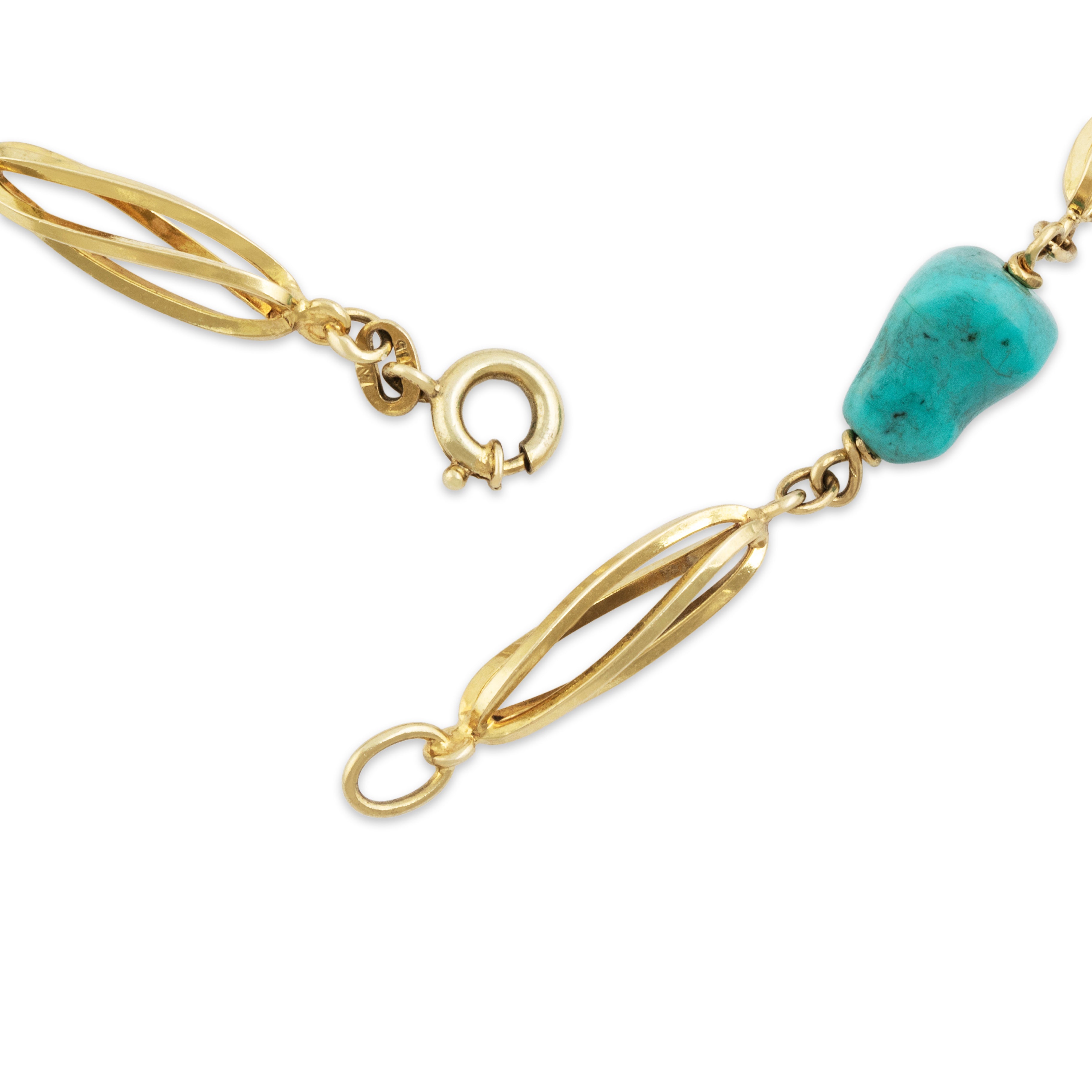 Vintage 14k Yellow Gold 58cttw Turquoise Groovy Nugget Station Necklace -clasp view