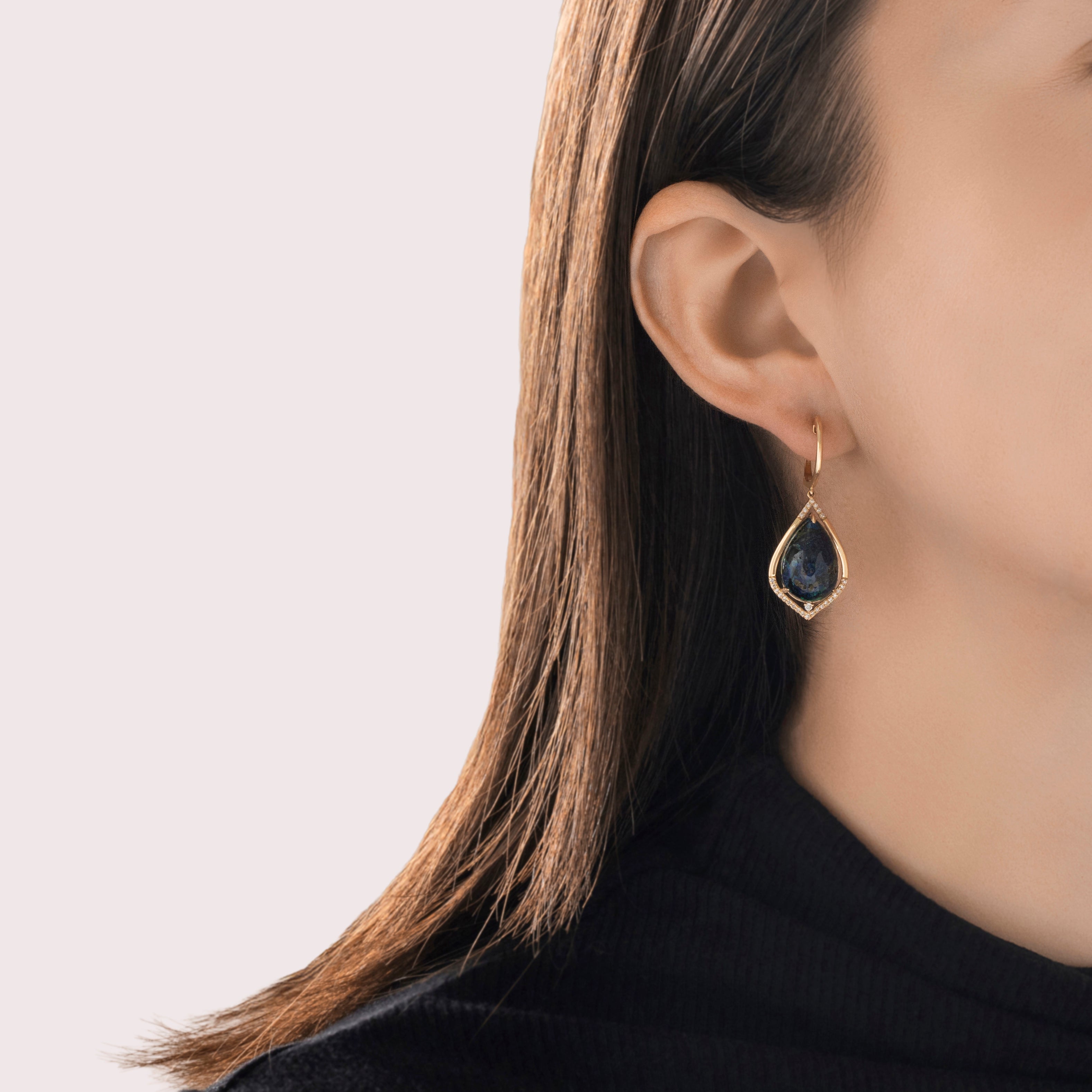 Vintage 14k Yellow Gold Azurmalachite Diamond Incredible Dangle Earrings - On model view