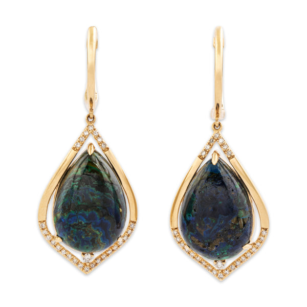 Vintage 14k Yellow Gold Azurmalachite Diamond Incredible Dangle Earrings