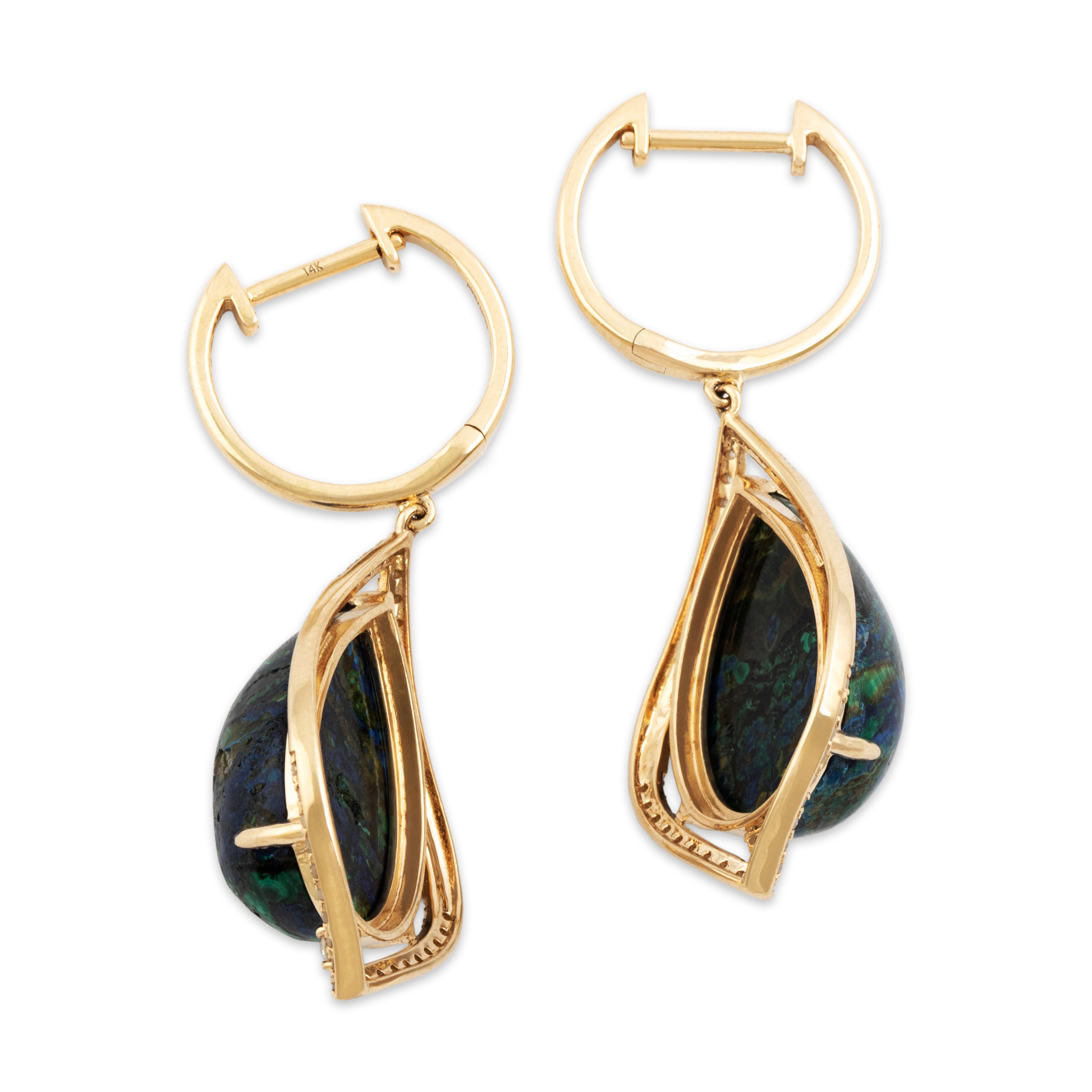 Vintage 14k Yellow Gold Azurmalachite Diamond Incredible Dangle Earrings - Side view