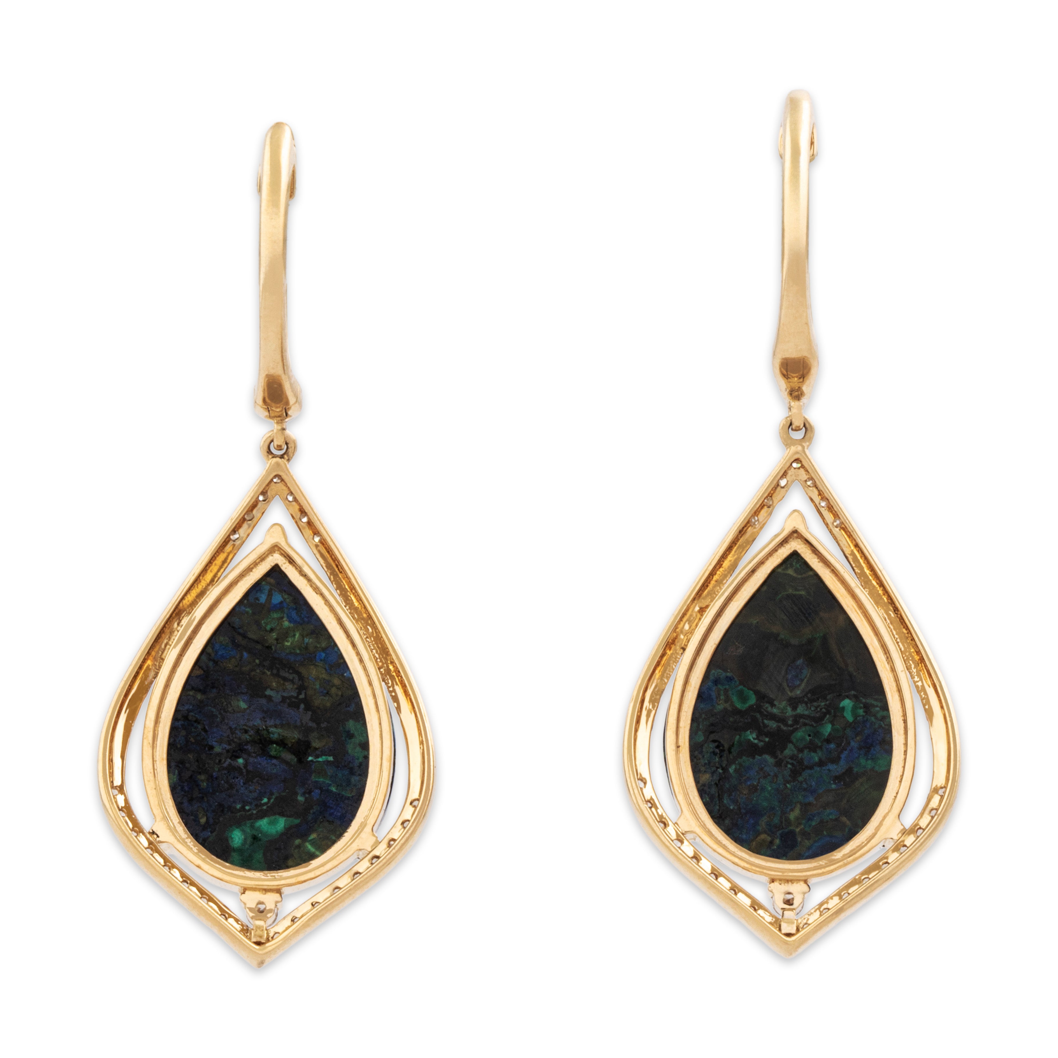Vintage 14k Yellow Gold Azurmalachite Diamond Incredible Dangle Earrings - Back view