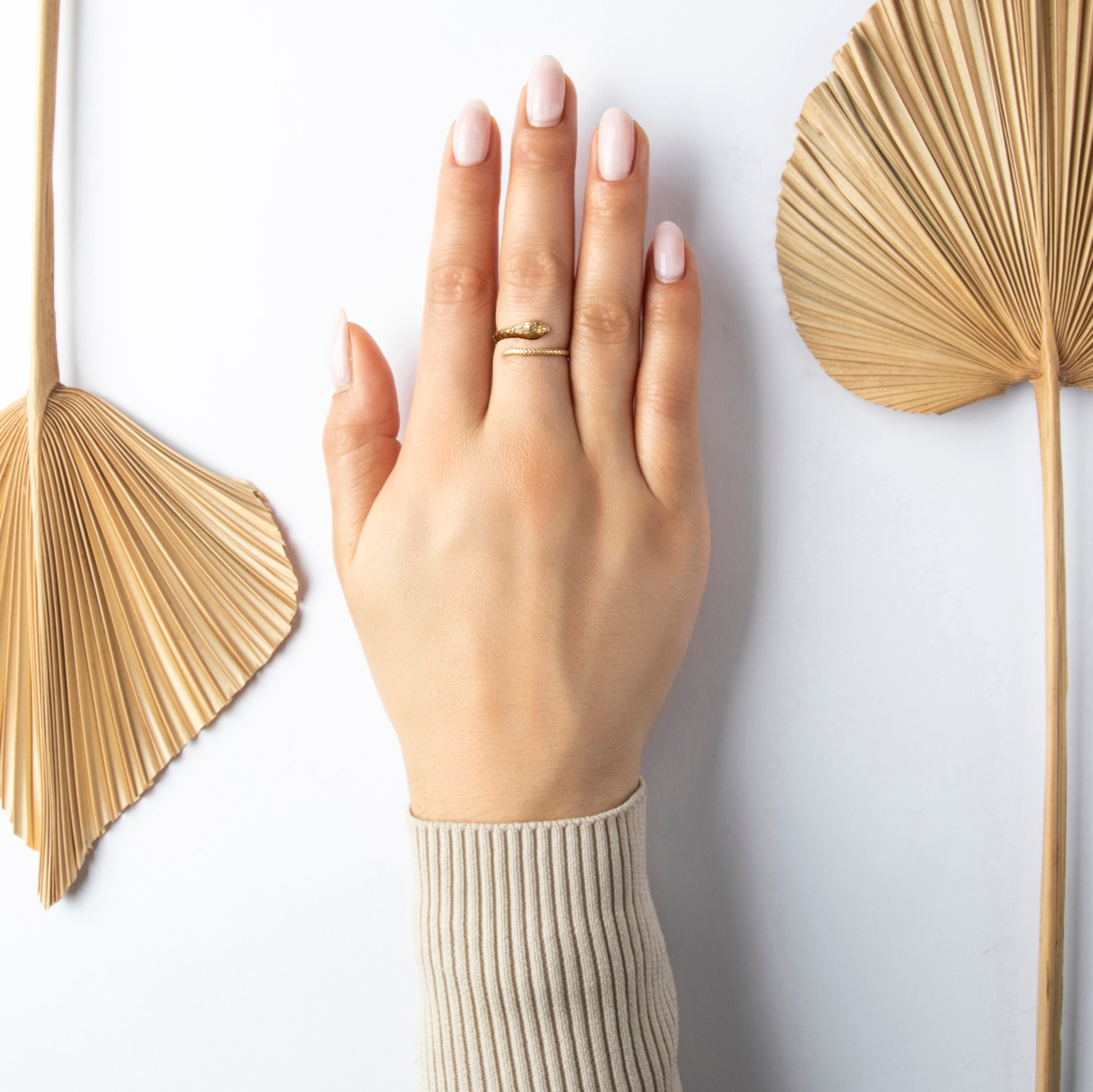 Estate 14k Yellow Gold Green Glass Fierce Snake Band Ring - On model view