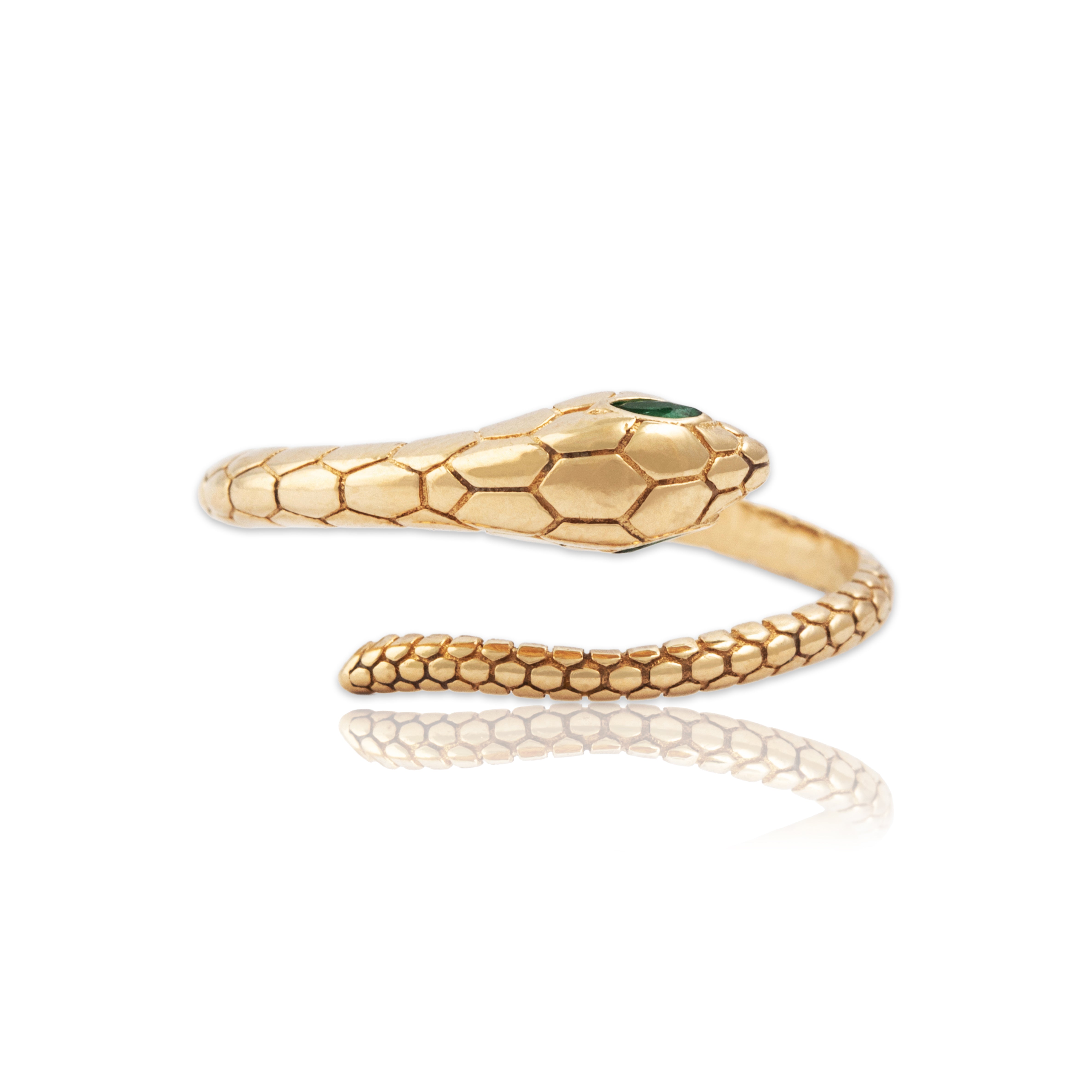 Estate 14k Yellow Gold Green Glass Fierce Snake Band Ring 8.00
