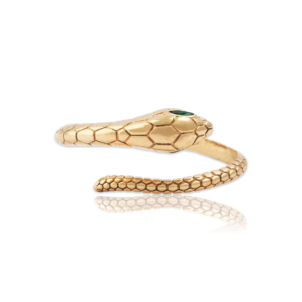 Estate 14k Yellow Gold Green Glass Fierce Snake Band Ring 8.00