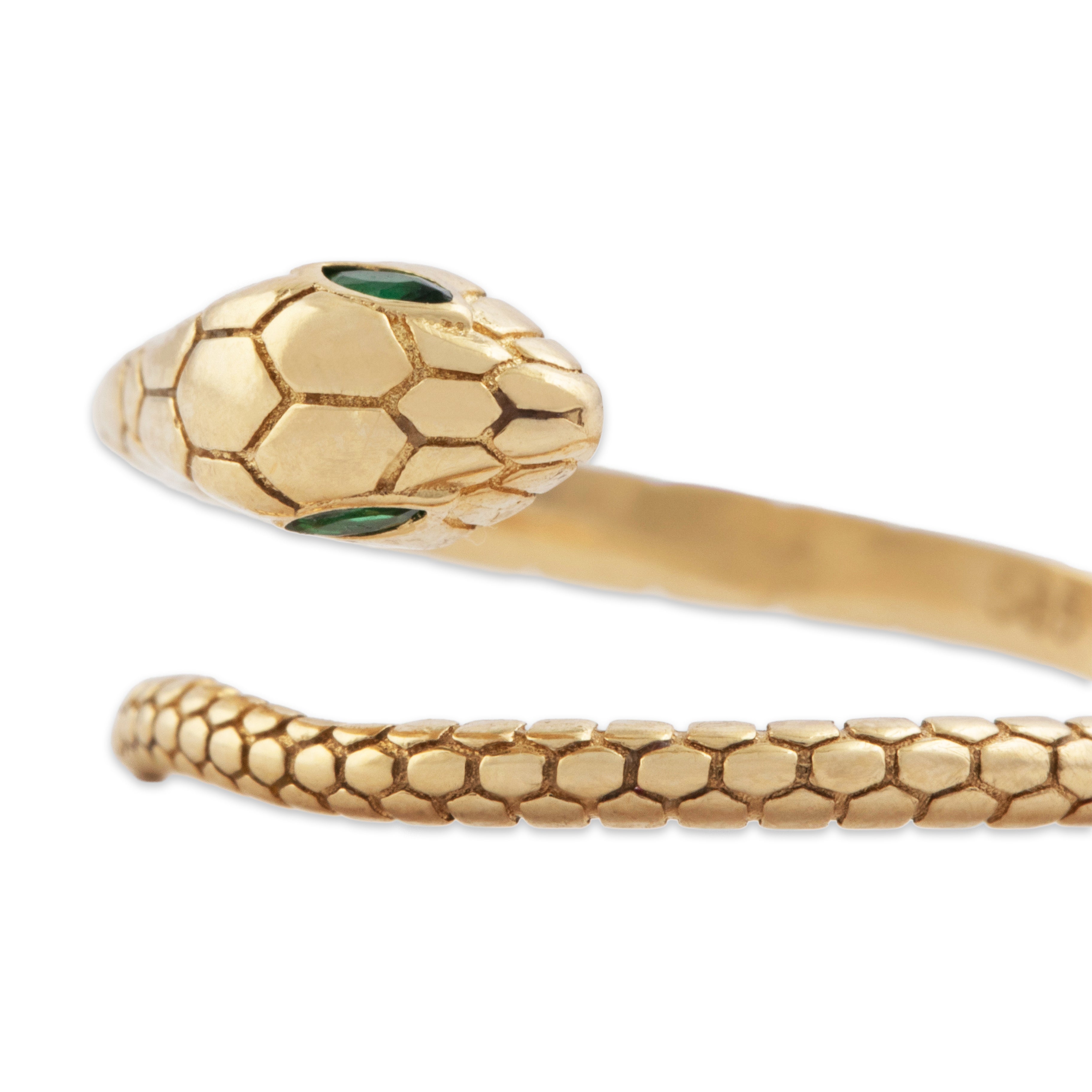 Estate 14k Yellow Gold Green Glass Fierce Snake Band Ring - detail view #1