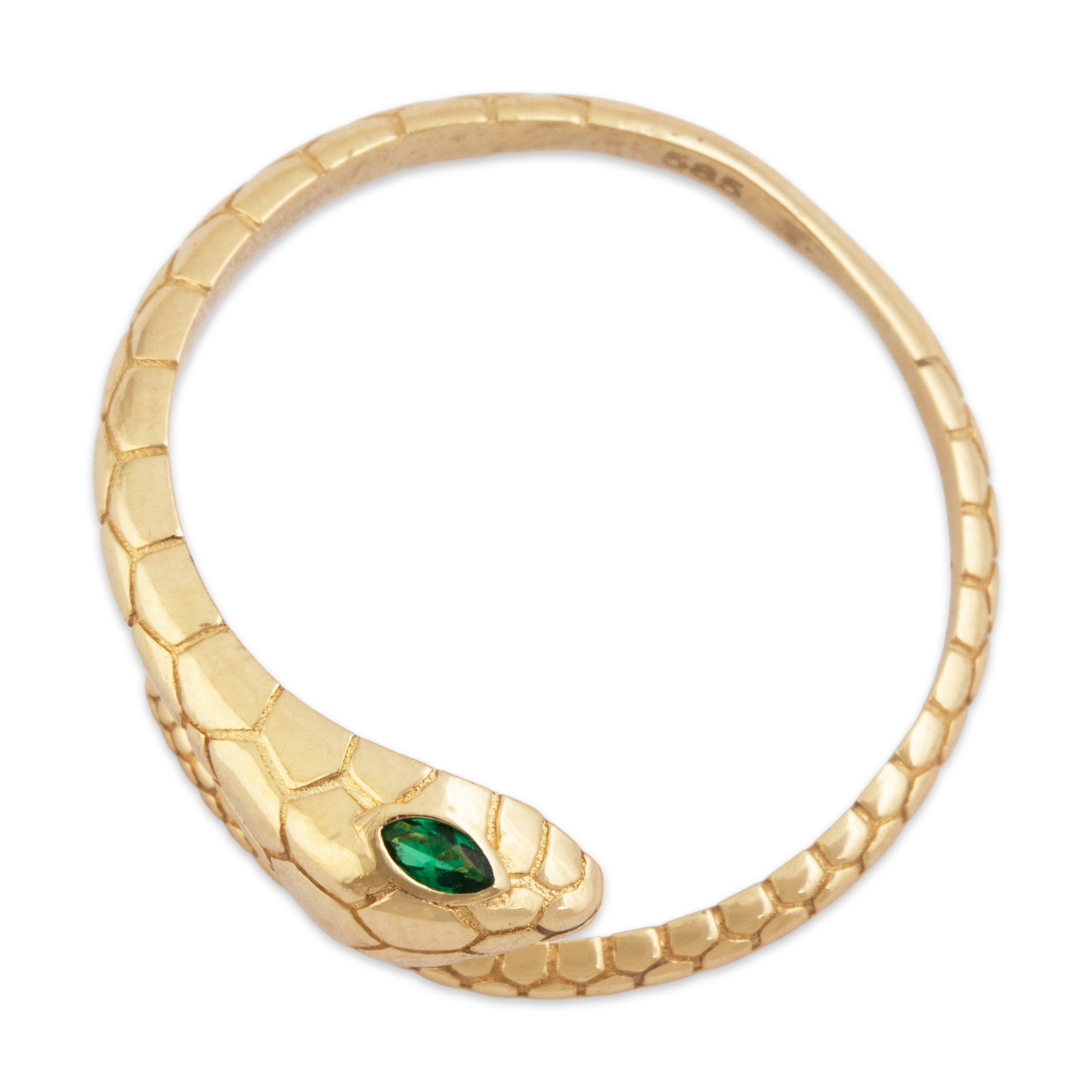 Estate 14k Yellow Gold Green Glass Fierce Snake Band Ring - Close-up view