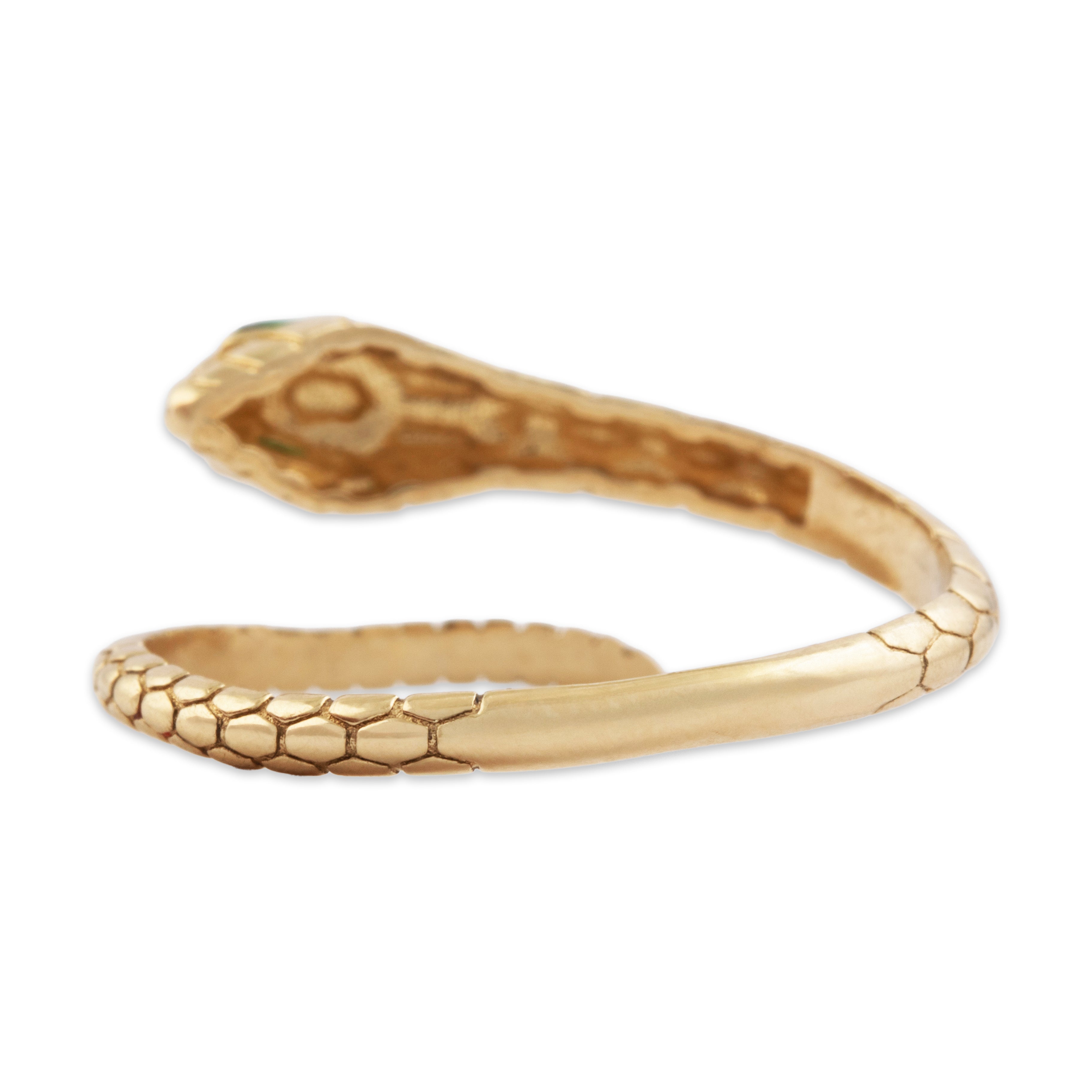 Estate 14k Yellow Gold Green Glass Fierce Snake Band Ring - Back view