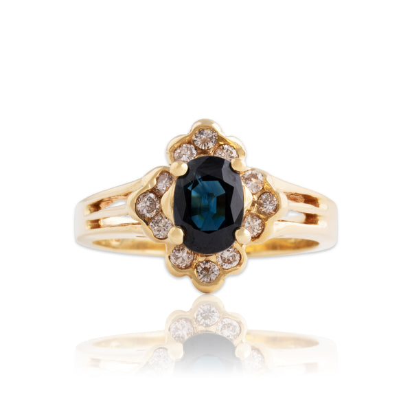 Vintage 14k Yellow Gold 1.1ct Blue Sapphire Diamond Scalloped Halo Ring 6.50