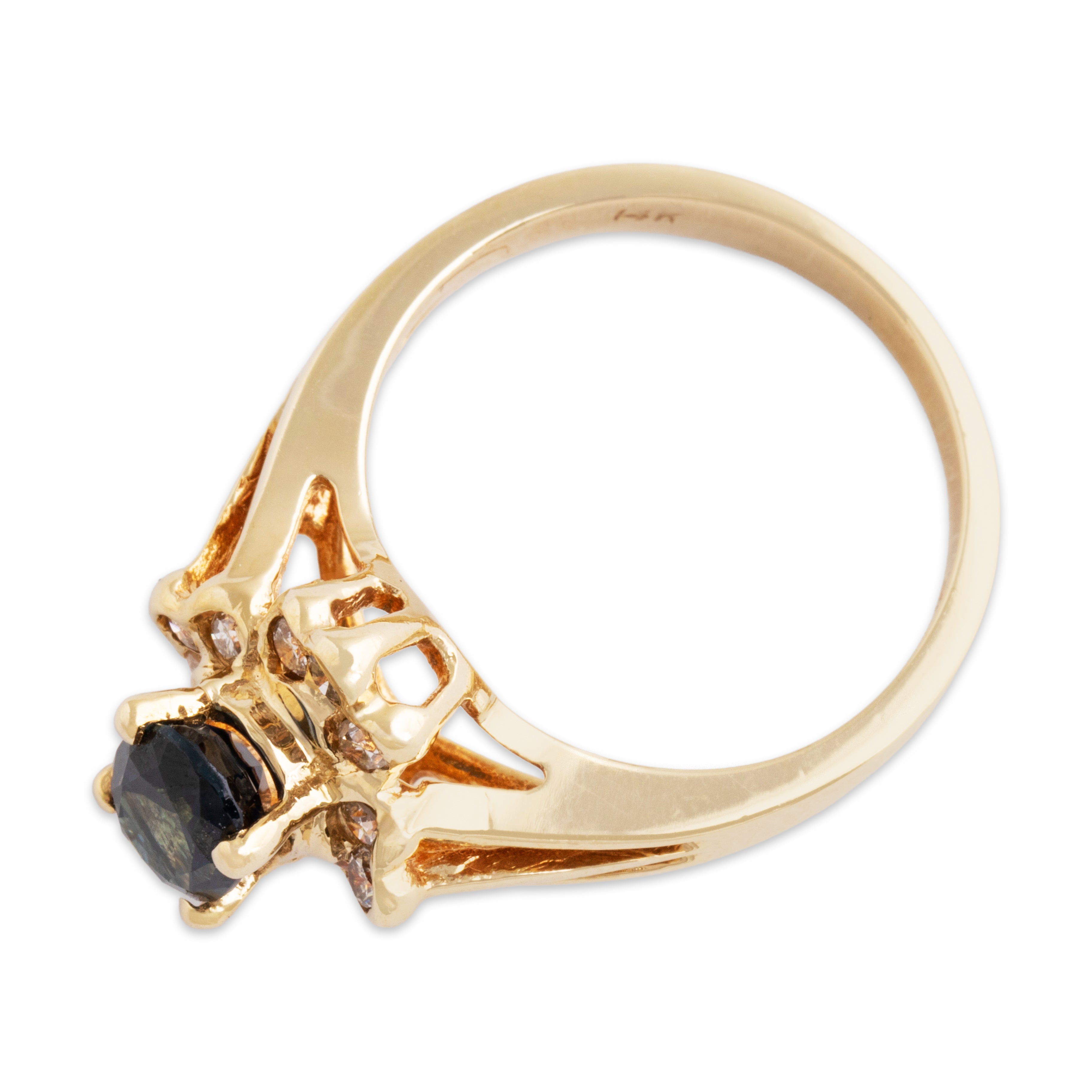 Vintage 14k Yellow Gold 1.1ct Sapphire Diamond Scalloped Halo Ring - Overall view