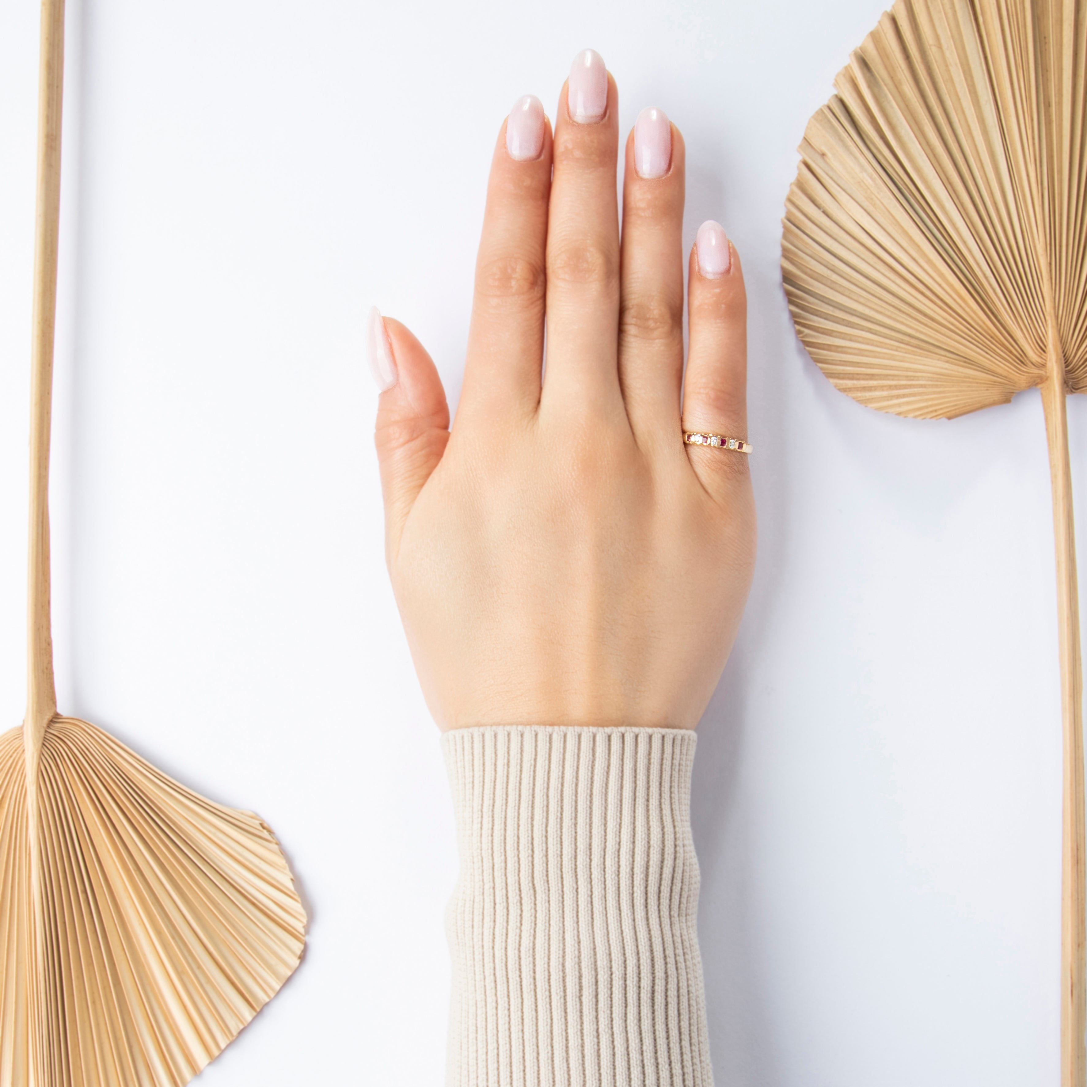 Vintage 14k Yellow Gold Ruby Diamond Gleaming Alternating Line Band Ring - On model view