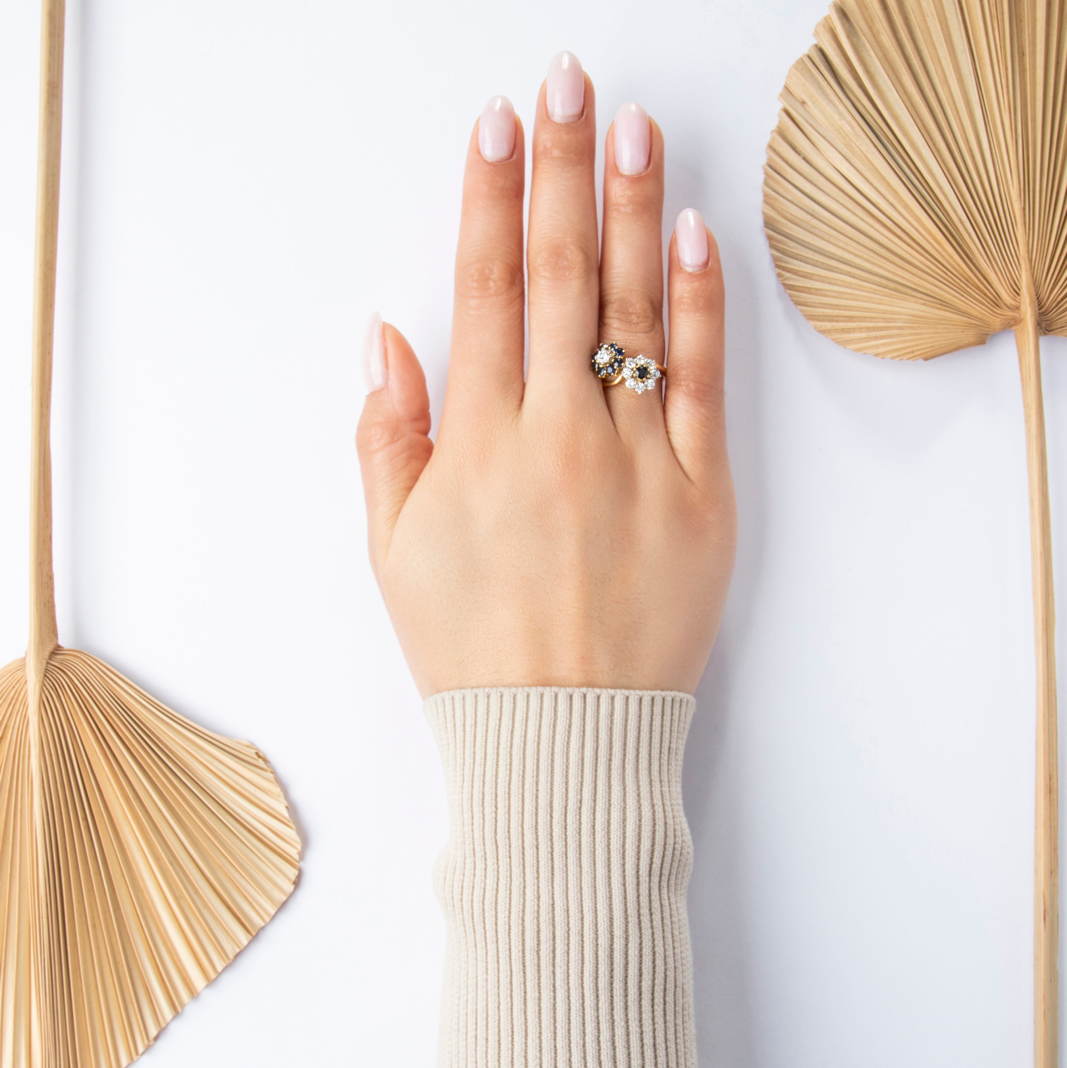 Vintage 18k Yellow Gold Blue Sapphire .629cttw Diamond Double Flower Ring  - On model view