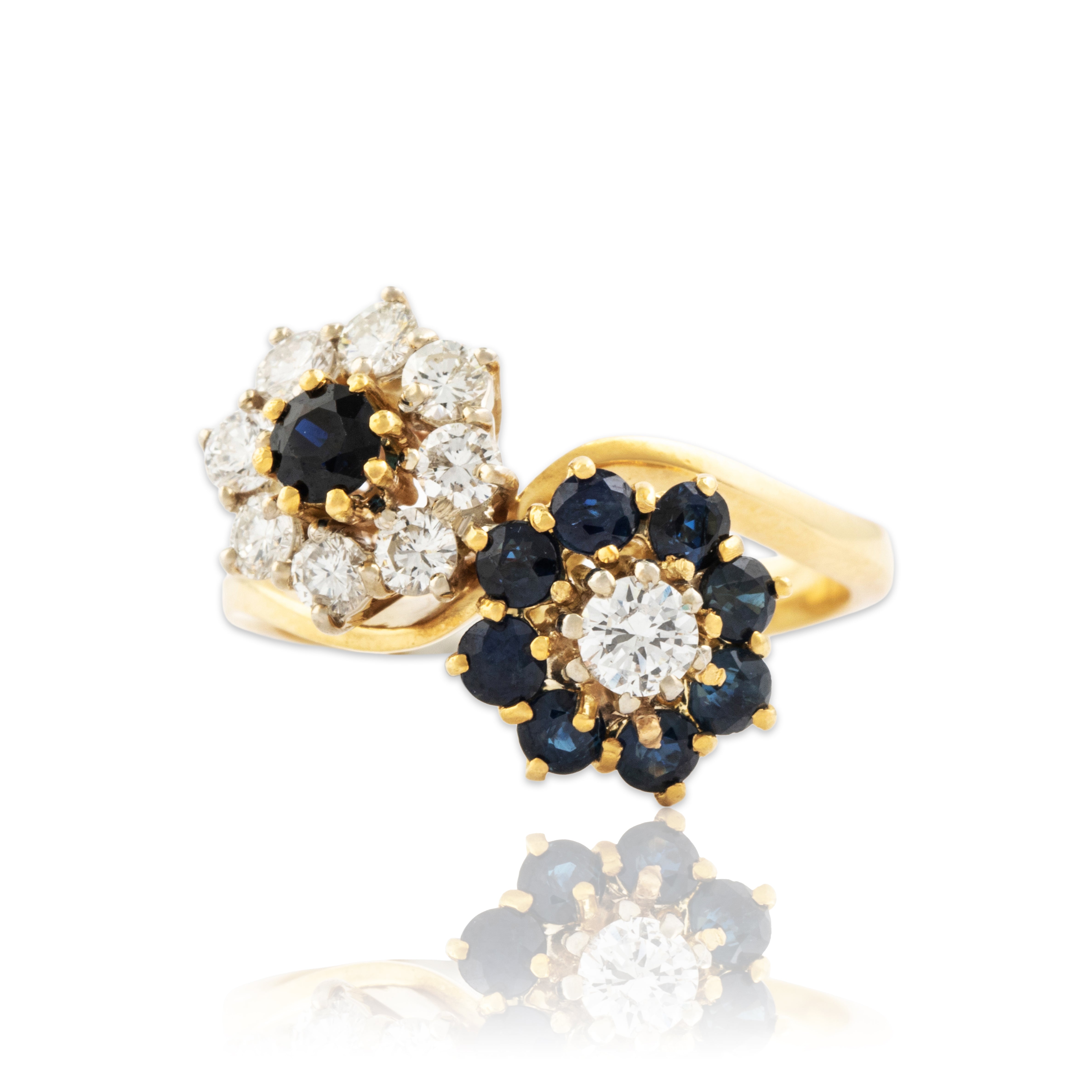 Vintage 18k Yellow Gold Blue Sapphire .629cttw Diamond Double Flower Ring  - Close-up view
