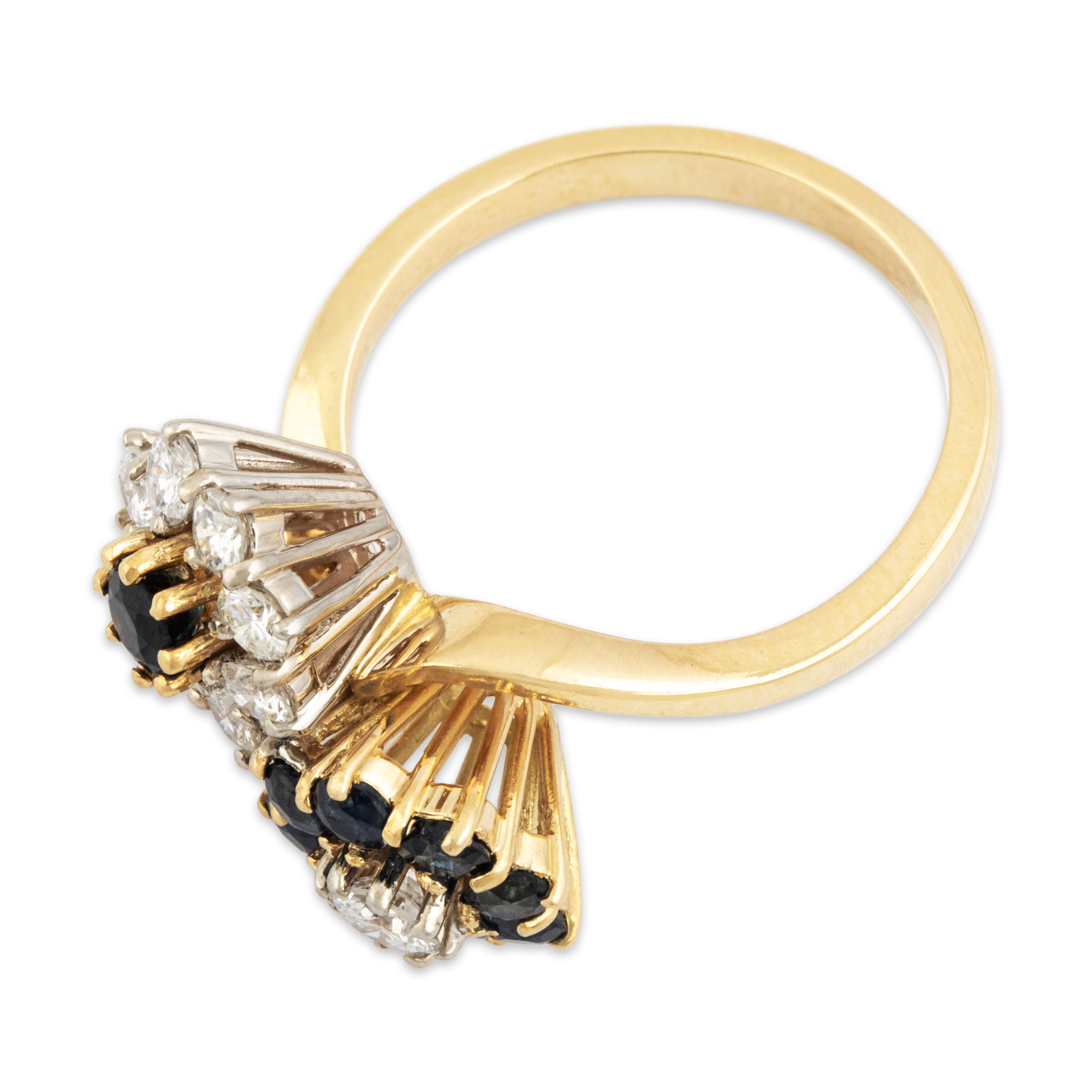 Vintage 18k Yellow Gold Blue Sapphire .629cttw Diamond Double Flower Ring  - Overall view