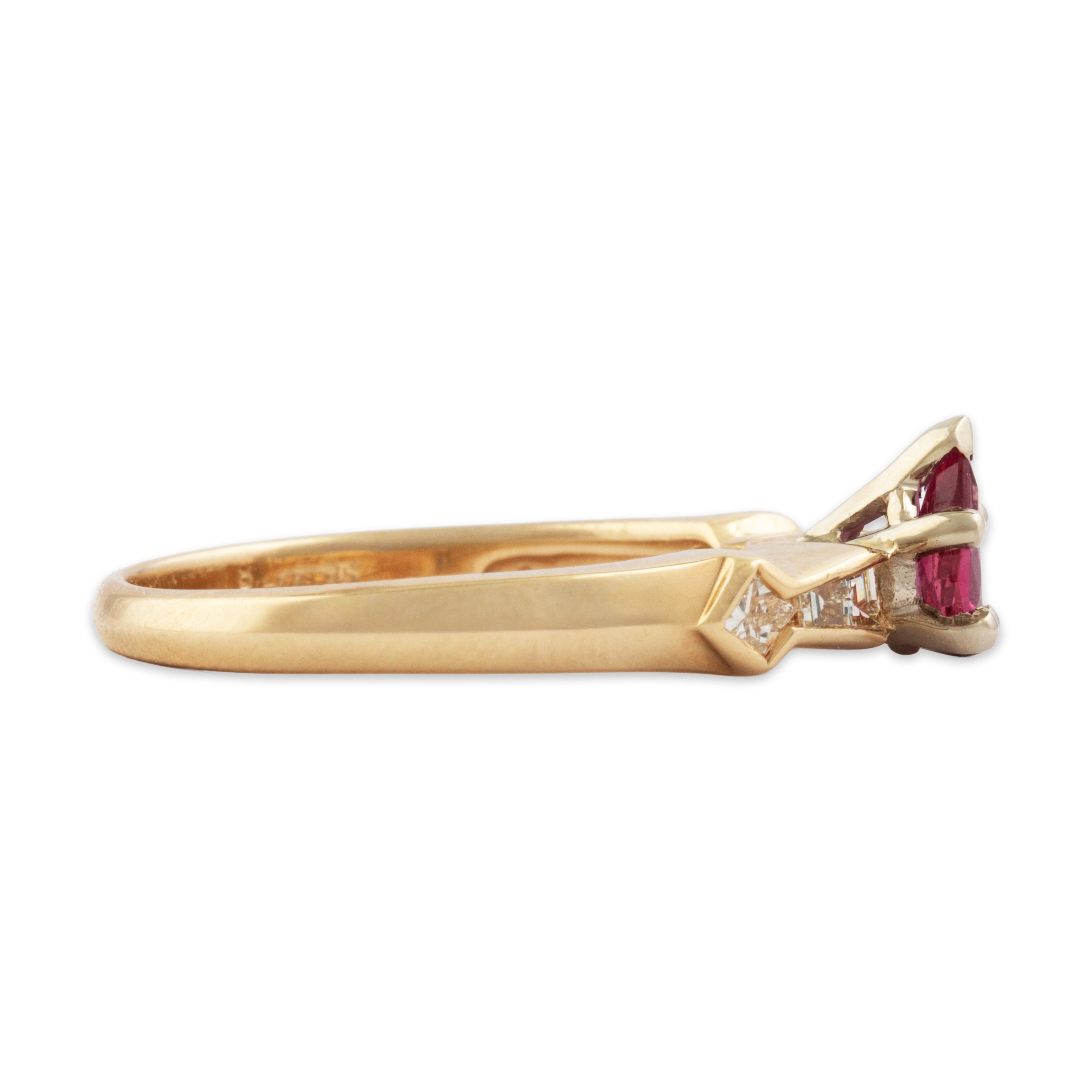 Vintage 14k Yellow Gold Ruby Diamond Fantastic Mixed Cut Channel Ring - Side view