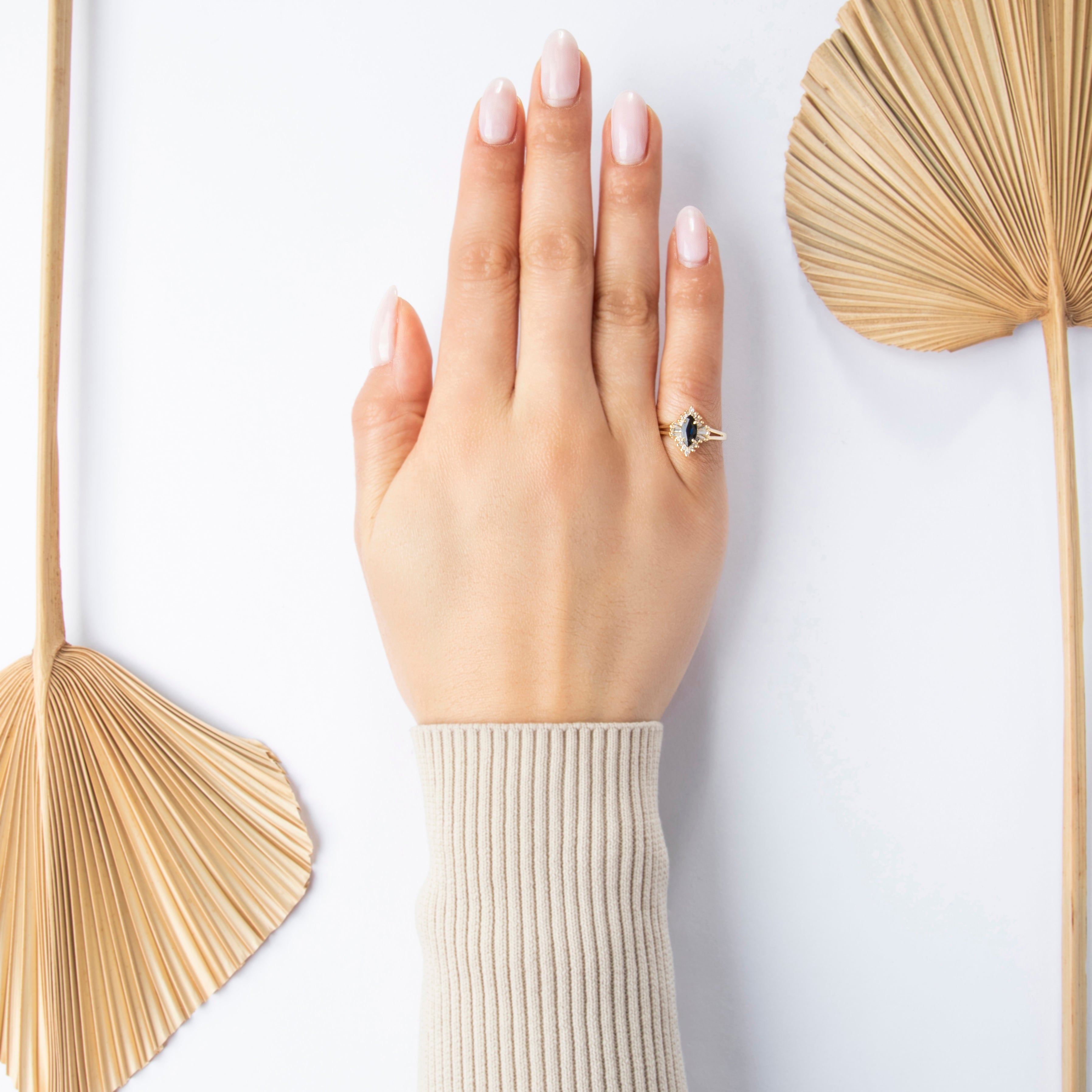 Vintage 14k Yellow Gold Blue Sapphire Diamond Chic Marquise Halo Ring - On model view