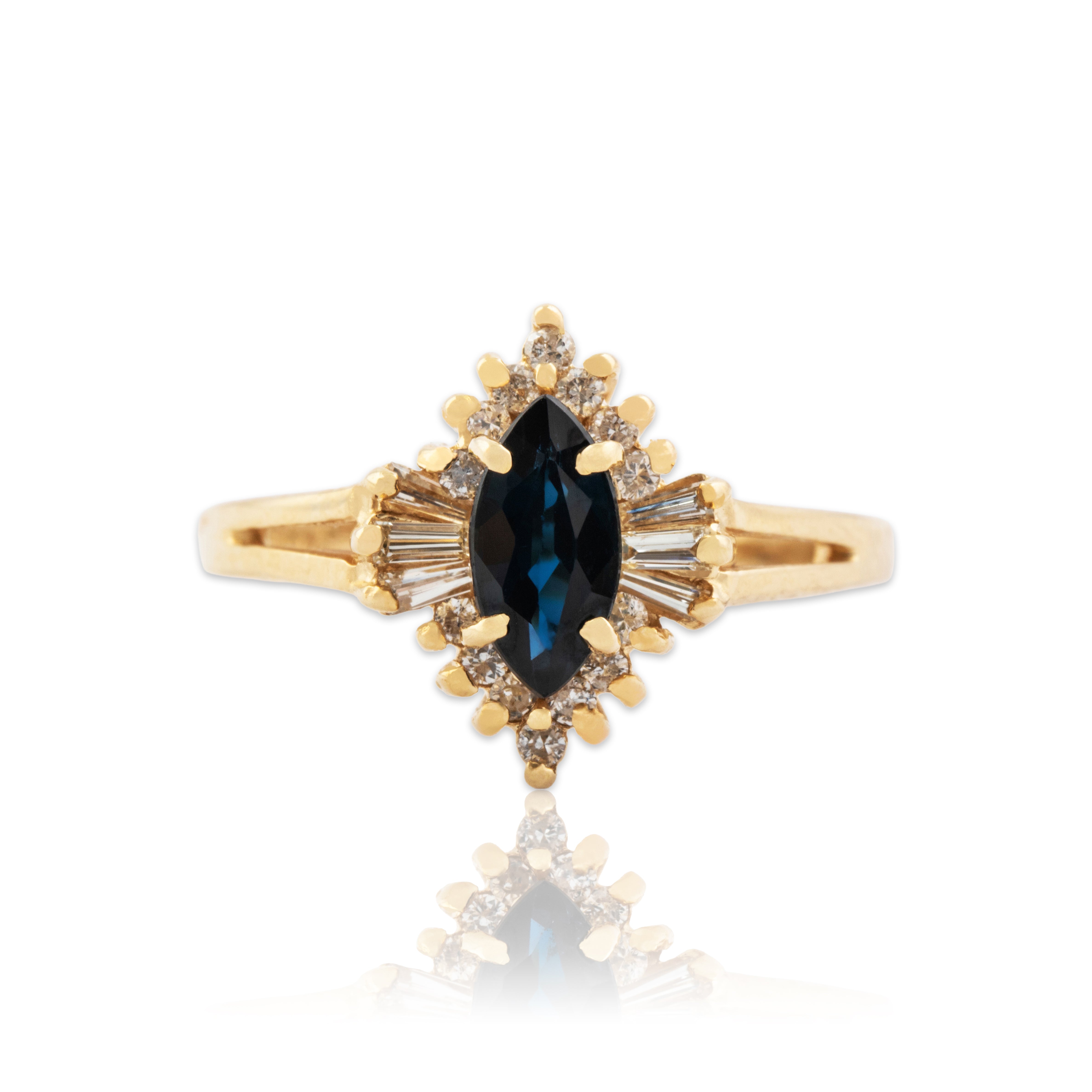 Vintage 14k Yellow Gold Blue Sapphire Diamond Chic Marquise Halo Ring - Close-up view
