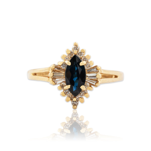 Vintage 14k Yellow Gold Blue Sapphire Diamond Marquise Halo Ring 6.25