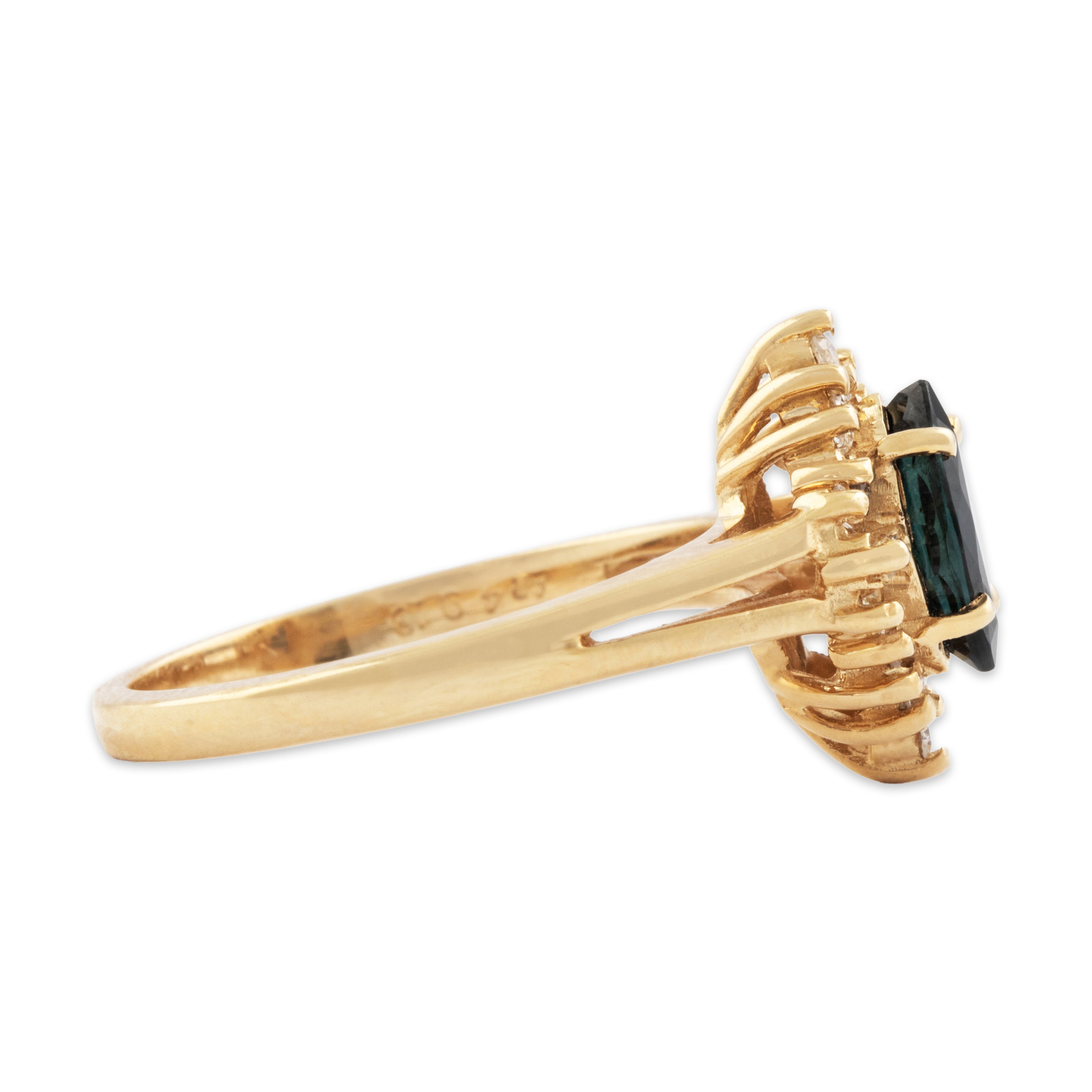 Vintage 14k Yellow Gold Blue Sapphire Diamond Chic Marquise Halo Ring -Side view