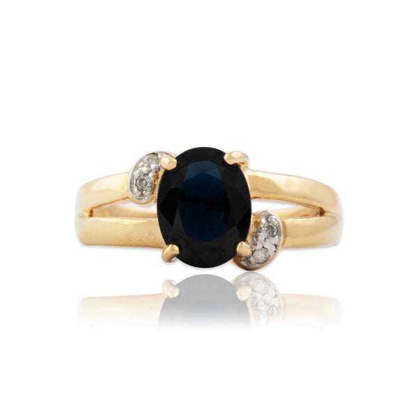 Vintage 14k Yellow Gold 1.8ct Dark Blue Sapphire Diamond Split Shoulder Ring 7.25