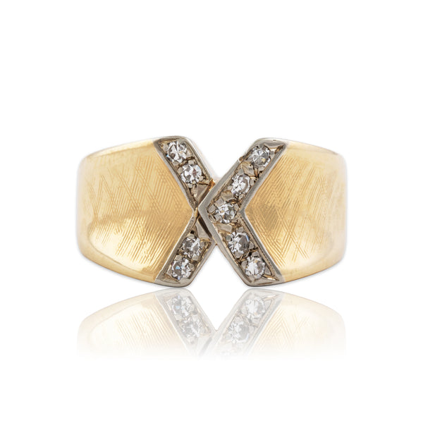 Vintage Heavy 14k Yellow Gold Diamond Brushed Arrow Band Ring 6.00