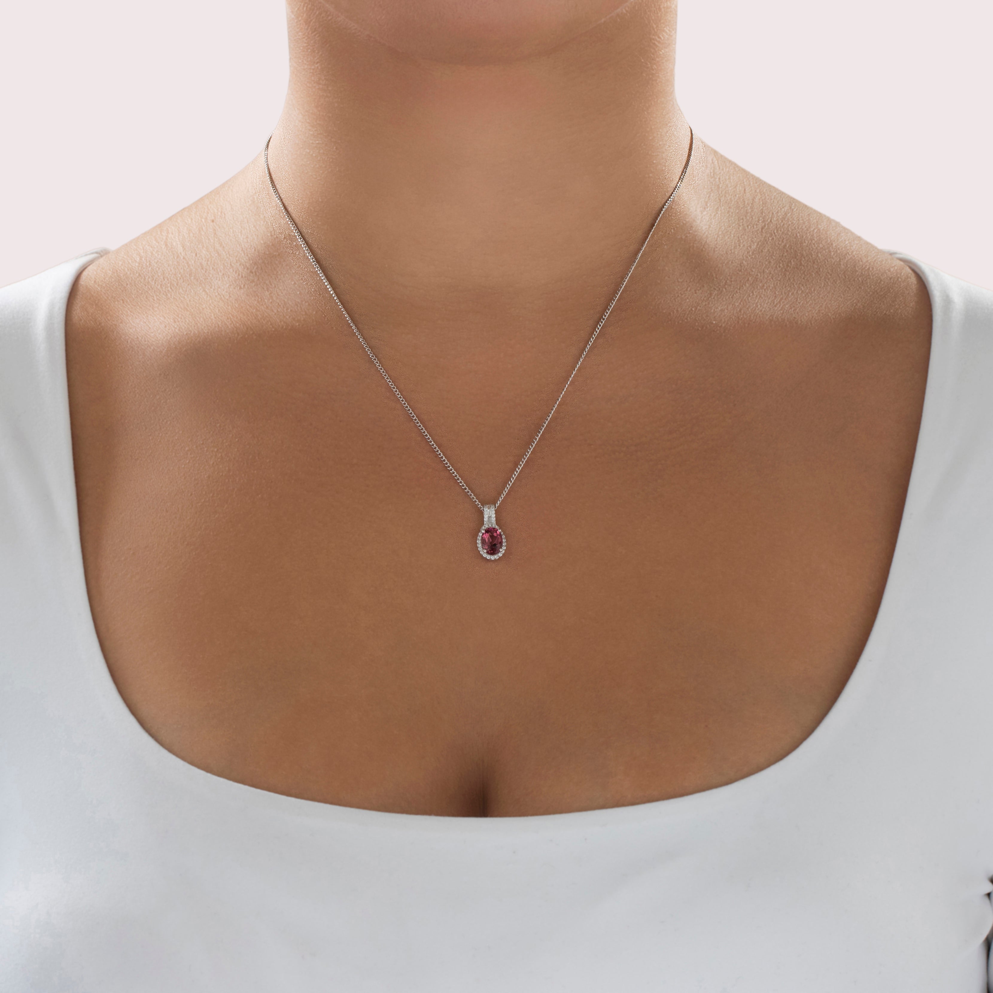 Estate 14k White Gold 1.2ct Tourmaline .275cttw Diamond Elegant Oval Pendant - On model view