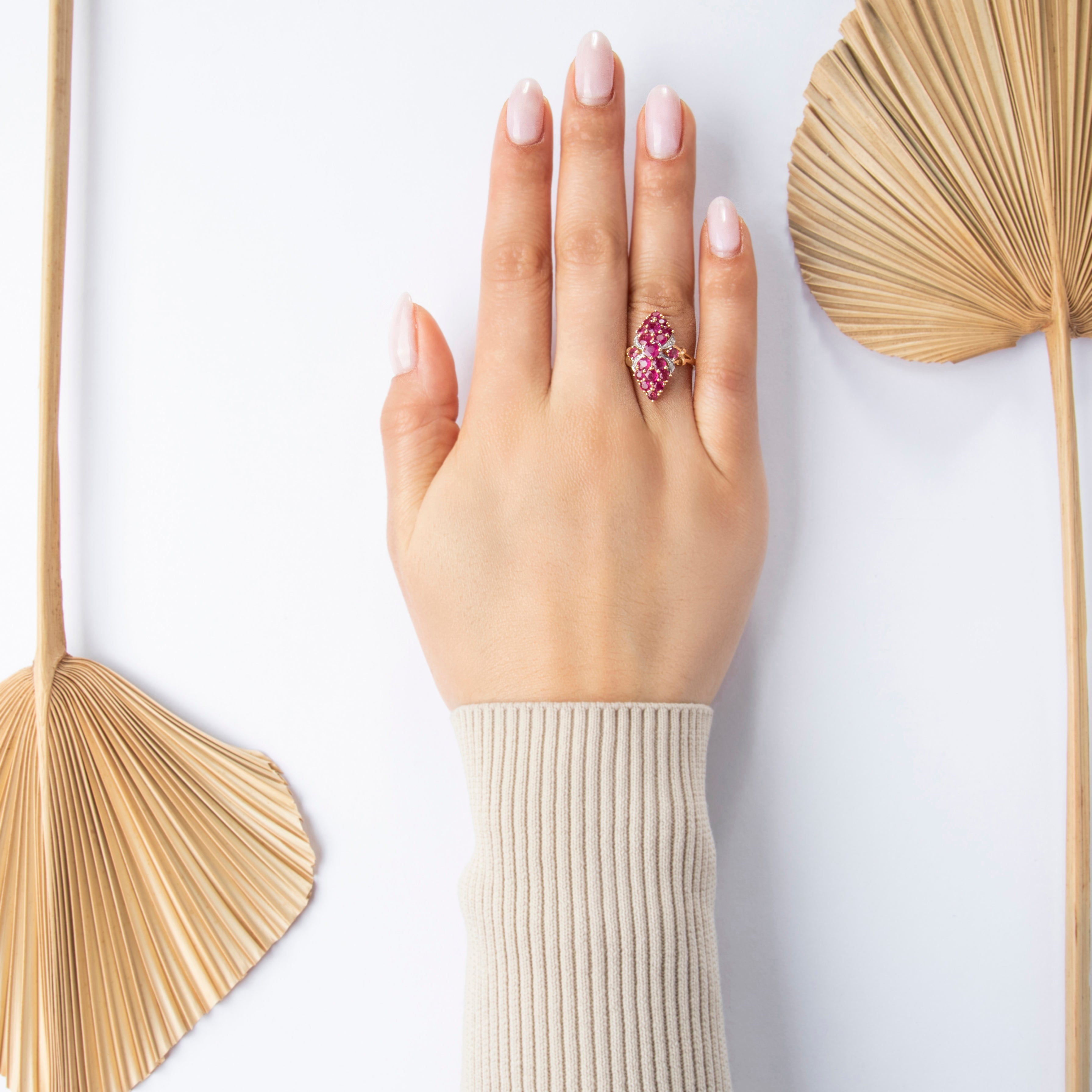 Vintage 10k Yellow Gold 2cttw Ruby Diamond Navette Statement Ring - On model view